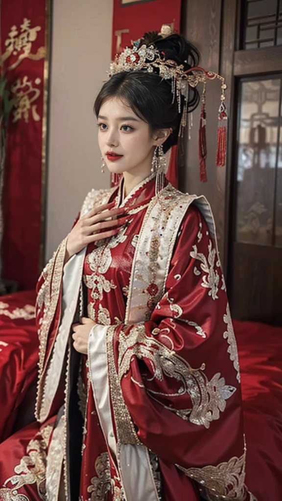(Ultra-realistic 8k CG: 1.2), perfect artwork, delicate patterns, intricate details, (unparalleled masterpiece, best quality: 1.2), (extremely complex: 1.2), a woman in a red and gold dress, phoenix crown, hair stick, (sitting on a red bed), makeup, blush, shyness, black_hair, looking down, cosmetics, (forehead point), (2 red candles), Chinese_clothes, curtains, earrings, hair_ornament,hanfu, interior, jewelry, red nails, long_sleeves, red dress, red lips, tassels, (red quilt), (red palace: 1.2), (ancient Chinese architecture), (red: 1.8), night