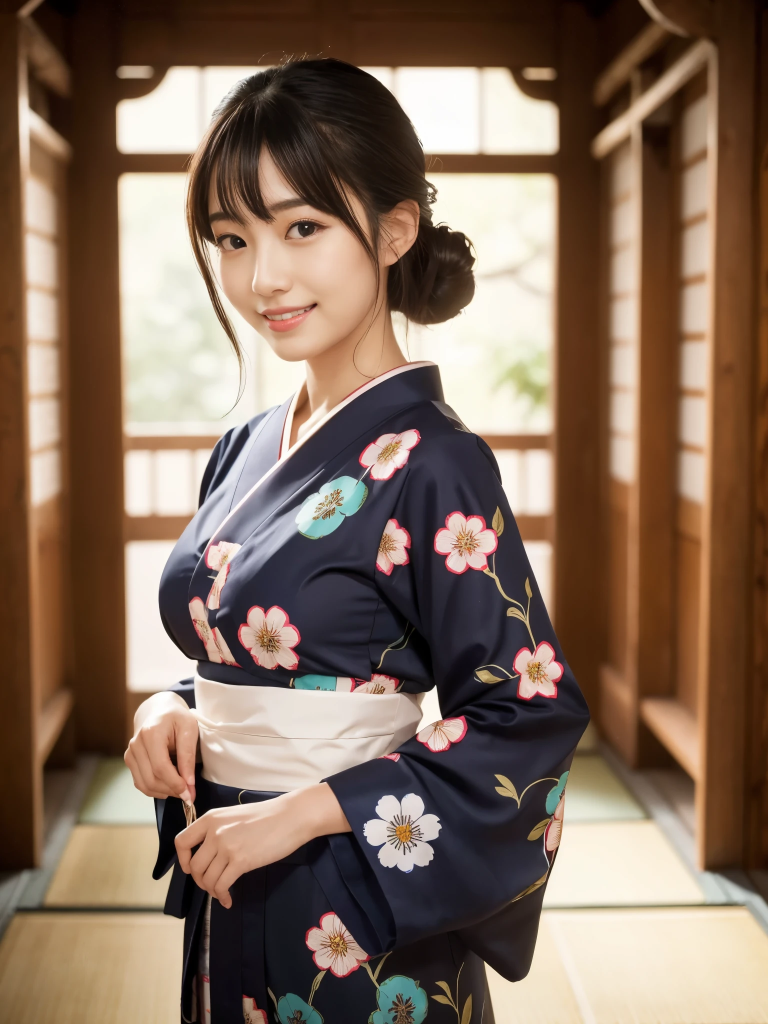 Beautiful woman in neat Japanese clothes、((best qualtiy、8k masterpieces:1.3))、foco nítido:1.2、(ultra beautiful faces:1.0)、(shinny skin:1.0)、photos realistic、A dark-haired、Video Lighting、High-definition eyes and face、Video Lighting、Japan Idol Actress、from the front side、medium breasts、Smile、Slender Abs Beauty、Whole body、In furisode