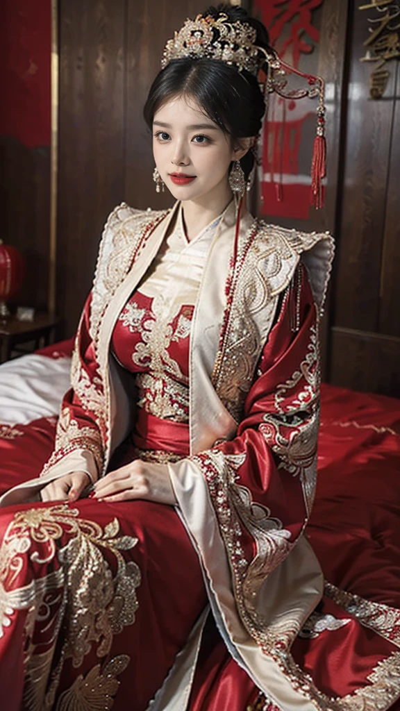 (Ultra-realistic 8k CG: 1.2), perfect artwork, delicate patterns, intricate details, (unparalleled masterpiece, best quality: 1.2), (extremely complex: 1.2), a woman in a red and gold dress, phoenix crown, hair stick, (sitting on a red bed), makeup, blush, shyness, black_hair, looking down, cosmetics, (forehead point), (2 red candles), Chinese_clothes, curtains, earrings, hair_ornament,hanfu, interior, jewelry, red nails, long_sleeves, red dress, red lips, tassels, (red quilt), (red palace: 1.2), (ancient Chinese architecture), (red: 1.8), (Full Body),(cute face:1.15),(huge breasts:1.2),night