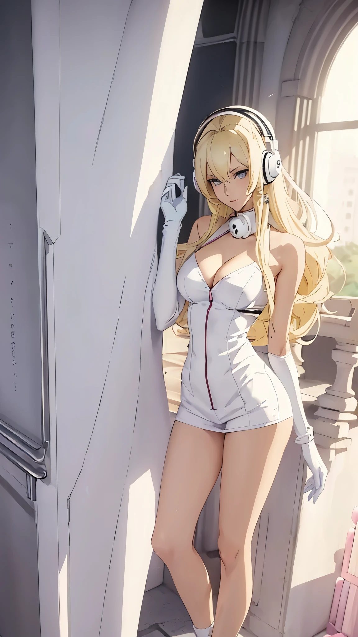 (((White Headphone))), (((Blonde))), (((Tall))), (((Slender))), (((Super Villian))), cleavage, (((Beautiful face))), (((anime))), (((Pastel))), (((Beautiful Legs)))