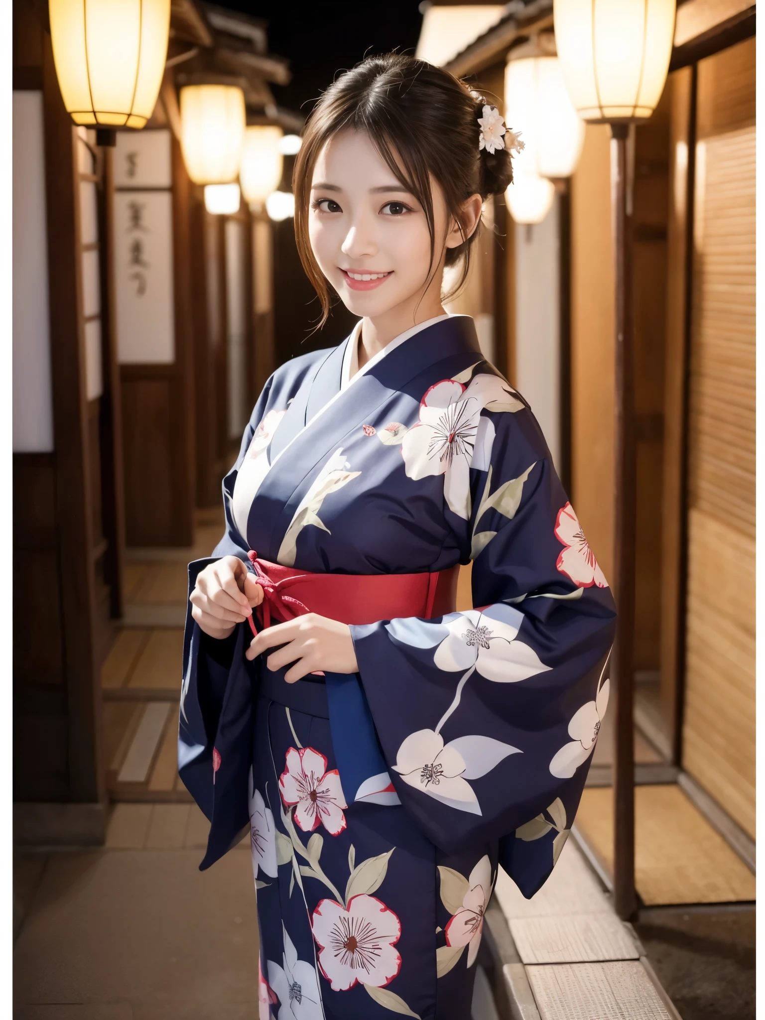Beautiful woman in neat Japanese clothes、((best qualtiy、8k masterpieces:1.3))、foco nítido:1.2、(ultra beautiful faces:1.0)、(shinny skin:1.0)、photos realistic、A dark-haired、Video Lighting、High-definition eyes and face、Video Lighting、Japan Idol Actress、from the front side、medium breasts、Smile、Slender Abs Beauty、Whole body、In furisode