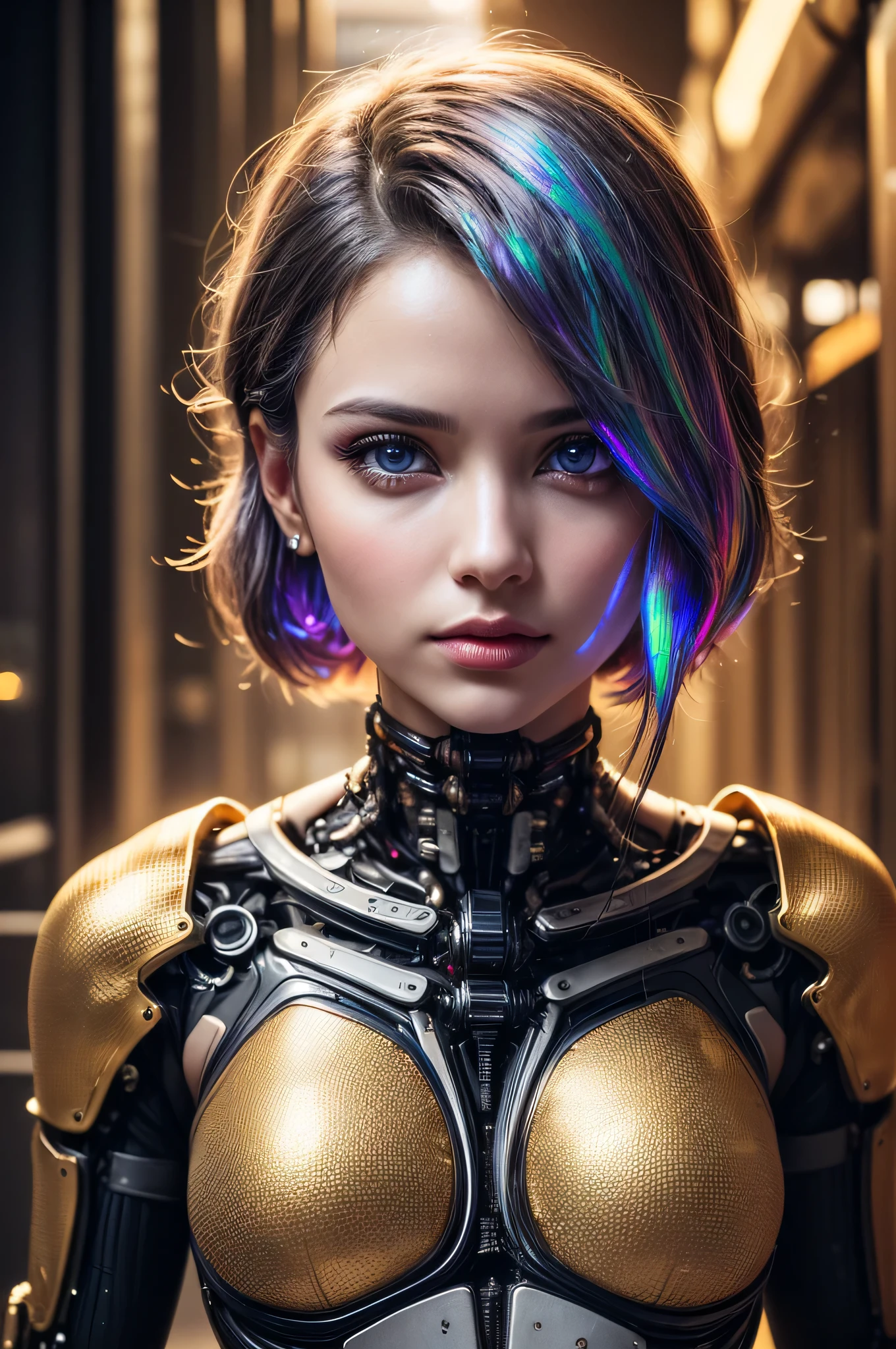 (1girl), (human face, human skin:1.3), Highly Detailed Beautiful girl, (extremely detailed beautiful face), Amazing face and eyes, (Highest Quality: 1.4), (Super Detailed), (Very Delicate and Beautiful), golden body, Biomechanical Cyborg, Beautiful Natural Shapes, Arteries, Veins , lace, colorful details, diamond earrings, very delicate embroidery, intricate details, surreal, Super detailed, cyborg girl, realistic, (Special skin that allows the inside of the body to be seen through, translucent skin, Precise golden body, hollow body interior, half-human translucent human body, skin made of extremely complex layers of metal fibers, extremely complex body made up of countless IC chips structure: 1.6), iridescent, futuristic, super complex, super beautiful, highly detailed CG unified 8K wallpaper, high resolution raw color photo, professional photo, flesh and blood, (cyber punk, Spiral structure, future urban cyberspace, iridescent illumination, dazzling light:1.35), sf, A scene from an impossible movie