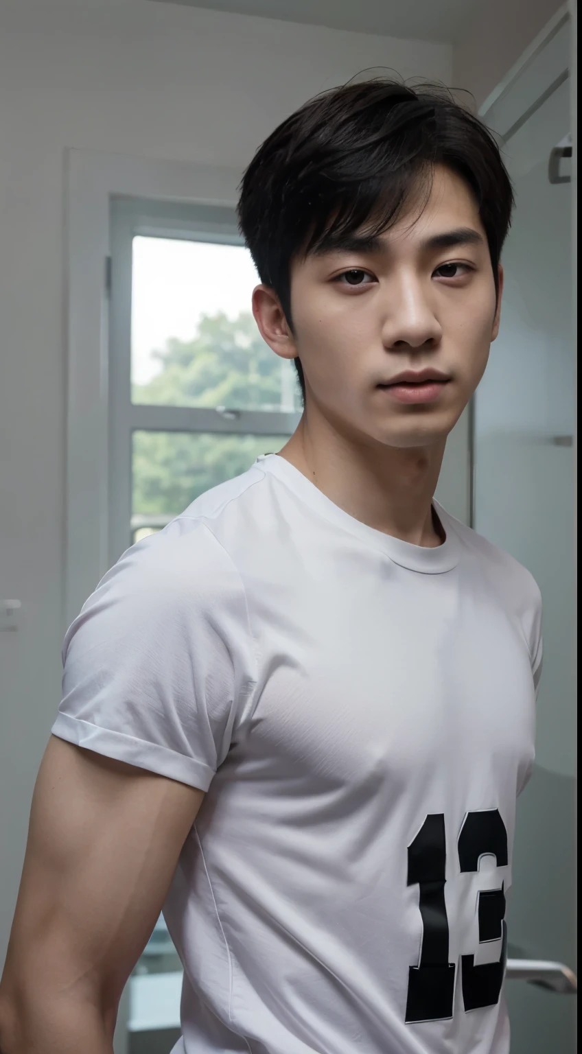 (absurderes, hight resolution, ultra-detailliert, nffsw), masutepiece, Best Quality, 1boy,20yr old, Handsome, Short, smooth hair, finely eye and detailed face, Dimples, Forehead, Midnight, lightsmile, full body Esbian, tshirts,White and gray hair color、White background、Have a microphone