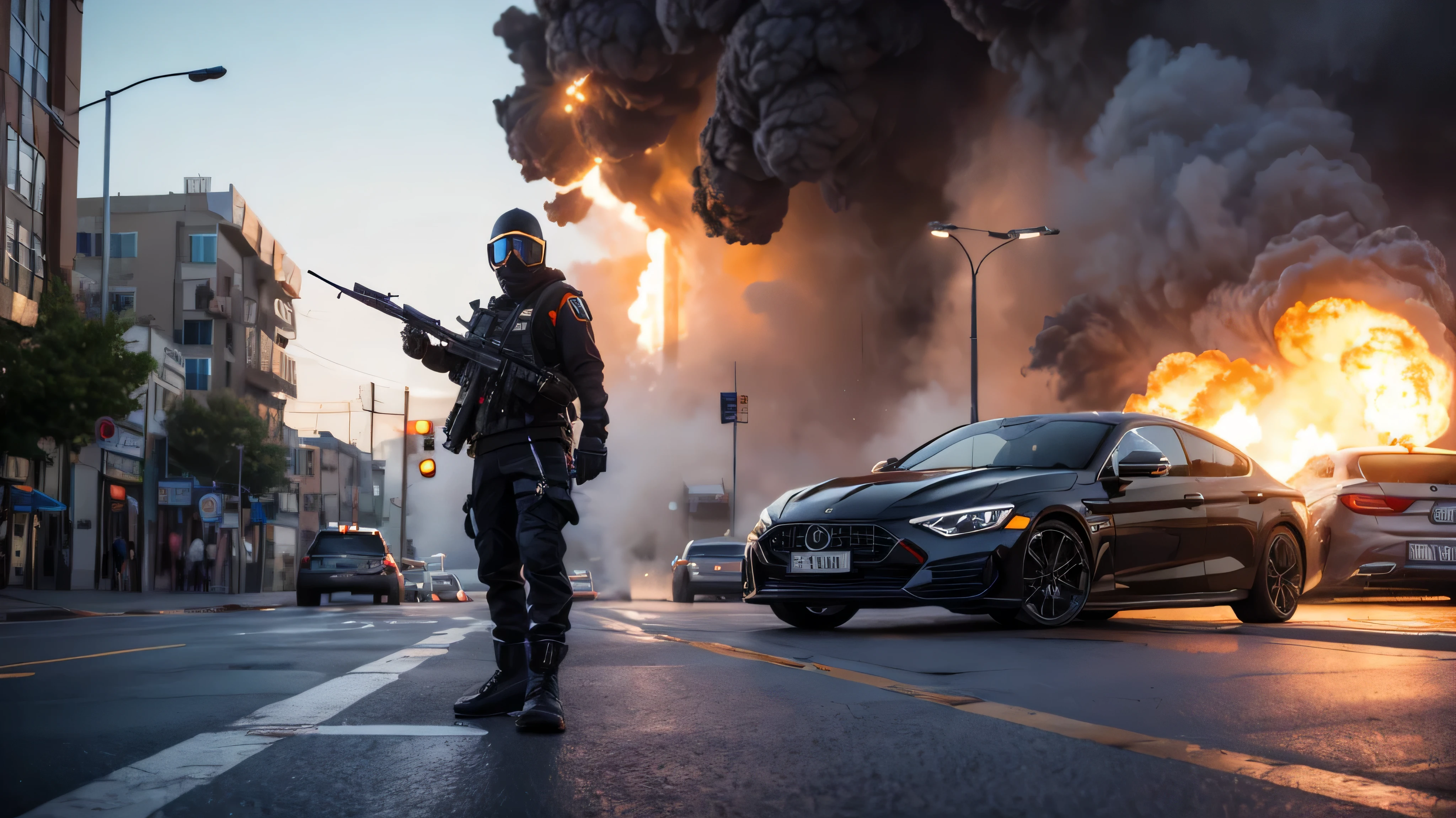 ((high quality)), ((masterpiece)), 8k, 2girls, bulletproof vest, light rays, extremely detailed CG unity 8k wallpaper, game cg, looking at viewer, gloves, boots, full body, watch, computer, mask, drone, holding weapon, headphones, jacket, (background destroyed city , explosion , smoke