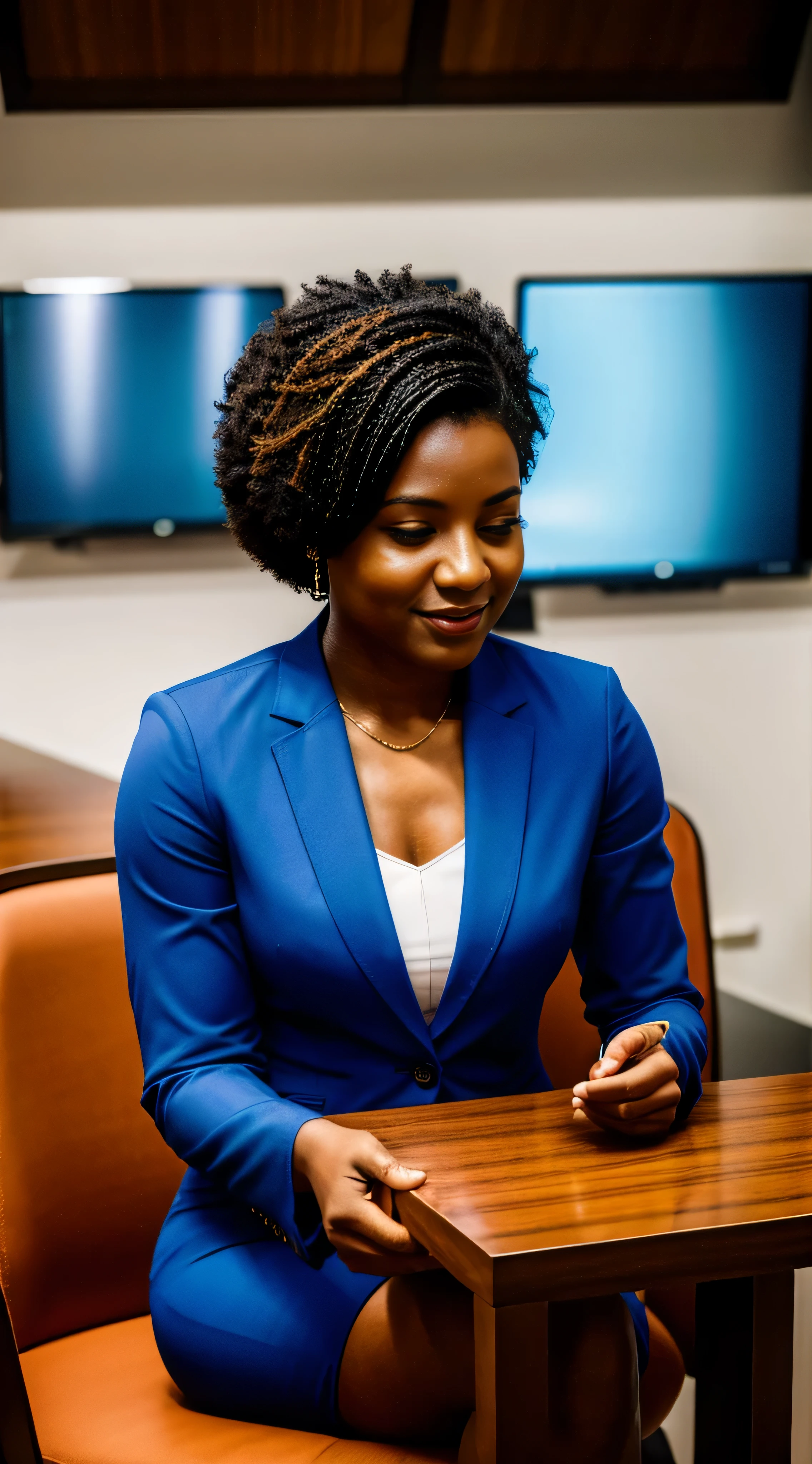 1 Afrobrazilian woman, dressed like a lawyer, female lawyer, sitting at a work table, working on documents, looking to the viewer, view from below