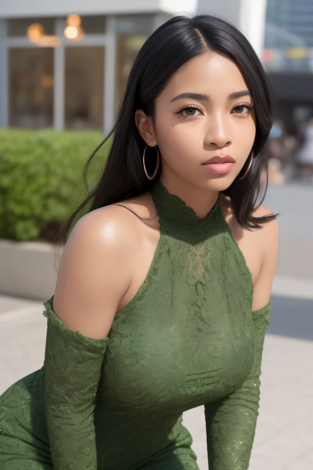 (front view) very detailed photograph of a black woman, detailed city background, (with black hair), (dark eyes) (symmetric beautiful face) nice and well defined nose, proportioned and full lips, stunning realistic photography, fit body, short green dress, realistic soft color, octane render, intricately detailed, sharp focus, stunning full color, shot on DSLR camera, 32k resolution, best quality, (focus on skin texture)