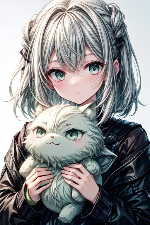 A gray haired young woman with green eyes is holding a cute monster