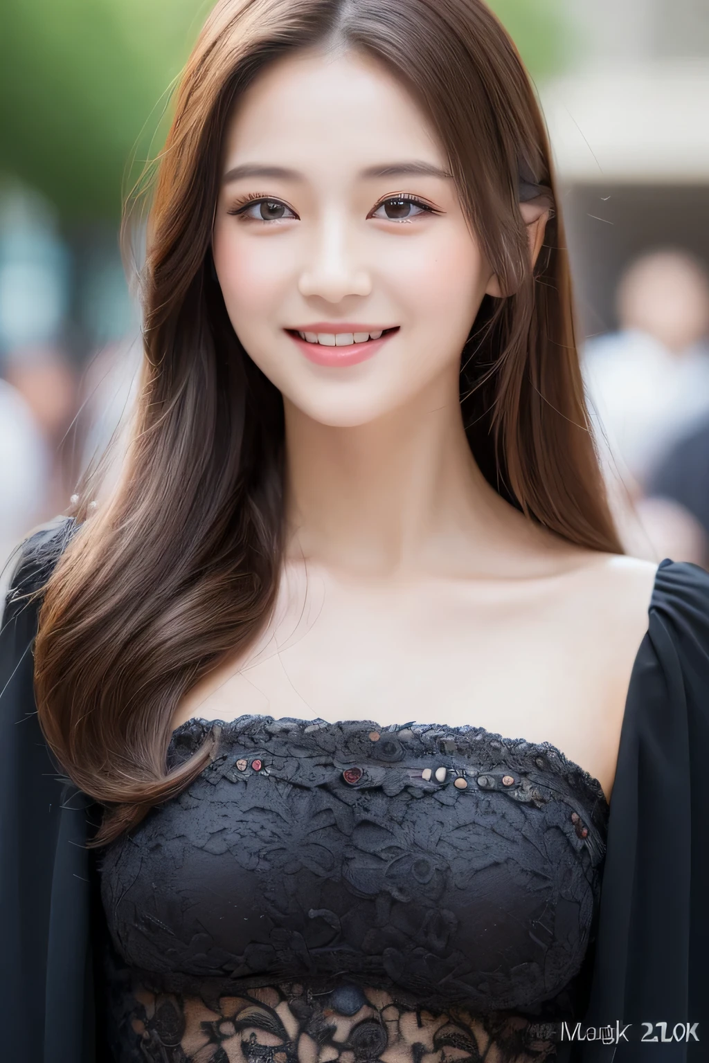 ((highest quality, 8K, masterpiece :1.3)), 1 girl, smile, whole body, slim face, Beautiful woman, (dark brown hair), full length dress :1.1, super detailed face, fine eyes, double eyelid, blur background, slim face, city, outside, street,