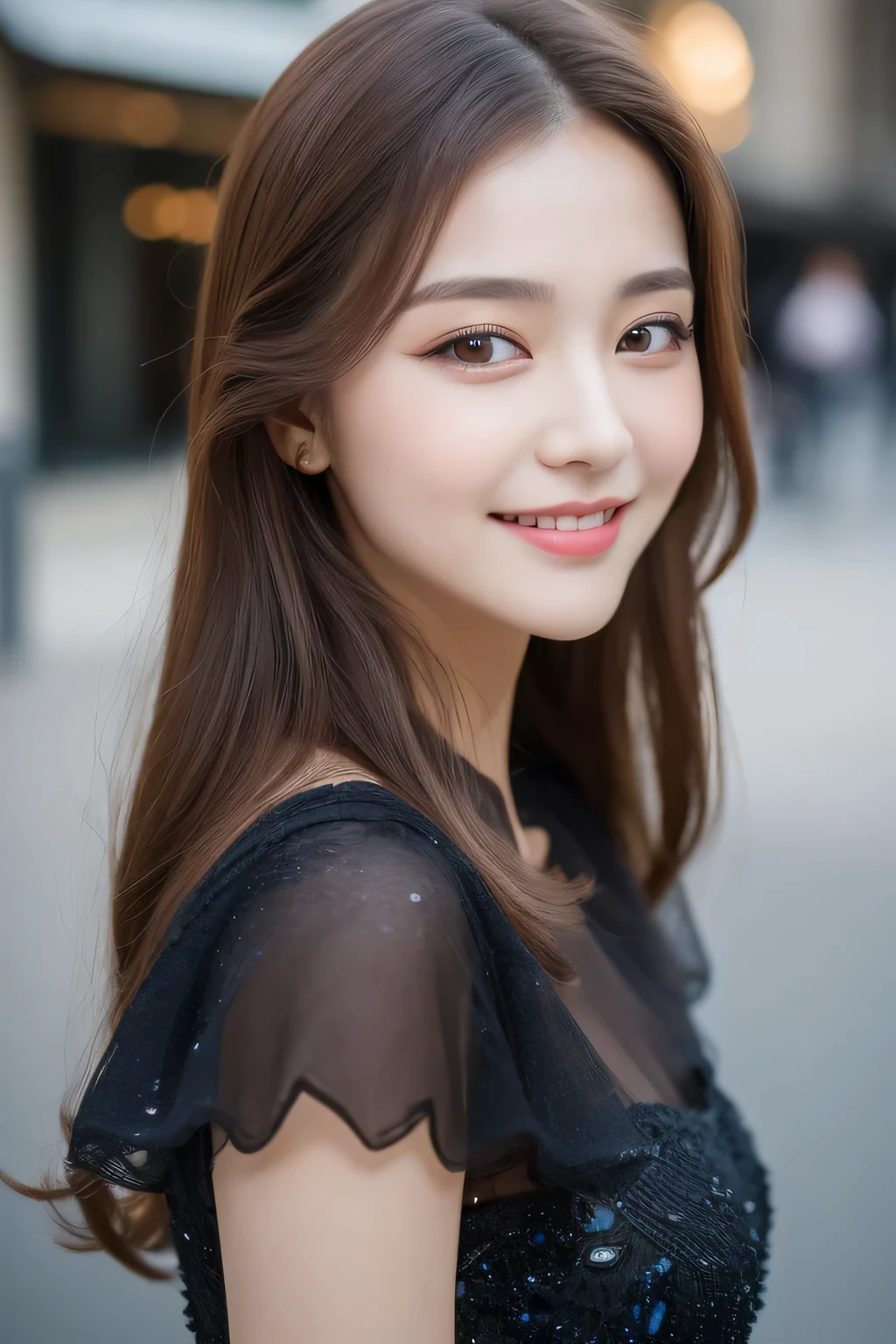 ((highest quality, 8K, masterpiece :1.3)), 1 girl, smile, whole body, slim face, Beautiful woman, (dark brown hair), full length dress :1.1, super detailed face, fine eyes, double eyelid, blur background, slim face, city, outside, street,