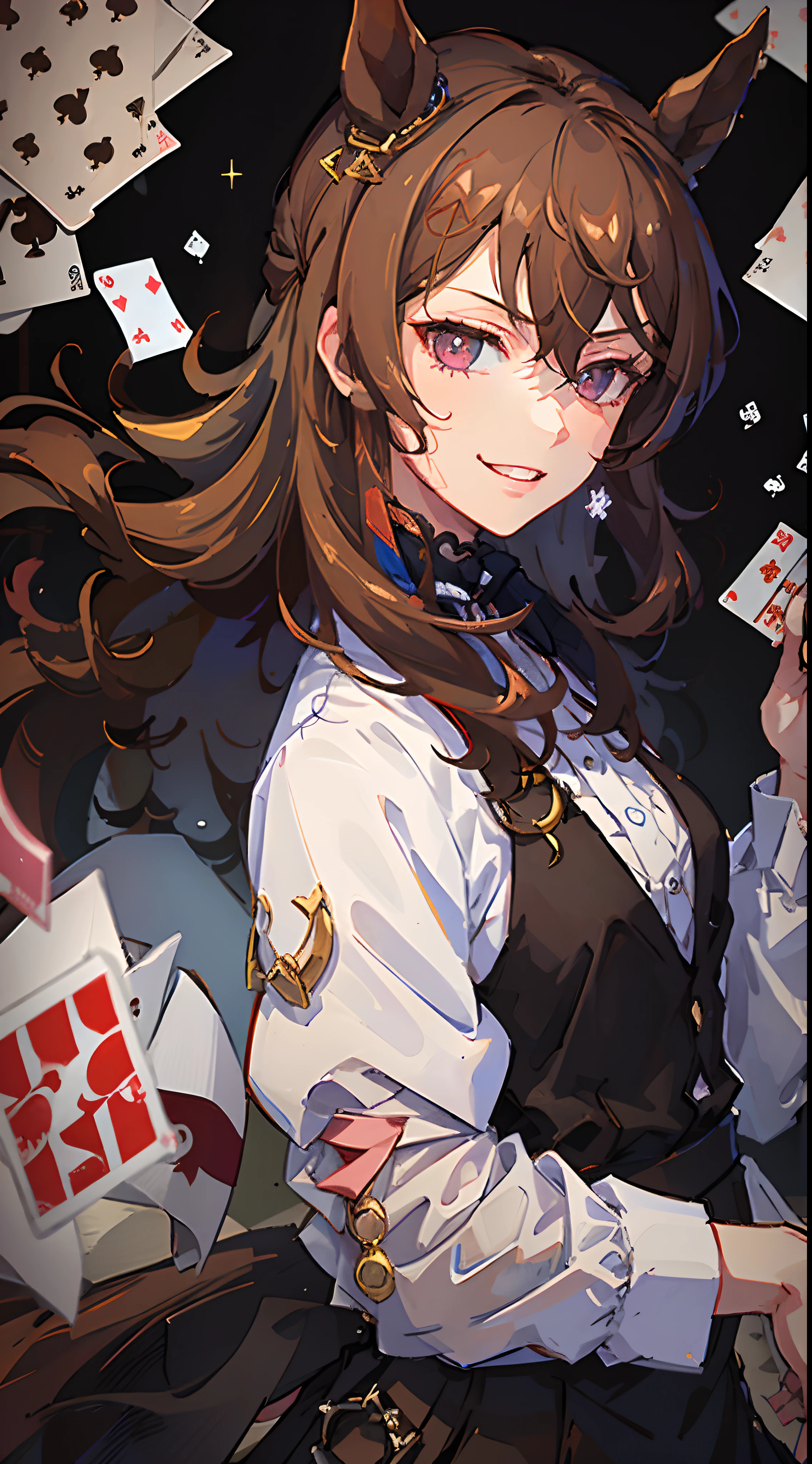 1 girl in、brown haired、short-cut、Red Eyes、Horse-eared girl、Brown horse tail、Grinning、gambling、(Playing cards in the air:1.4).(Black Dress:1.2)