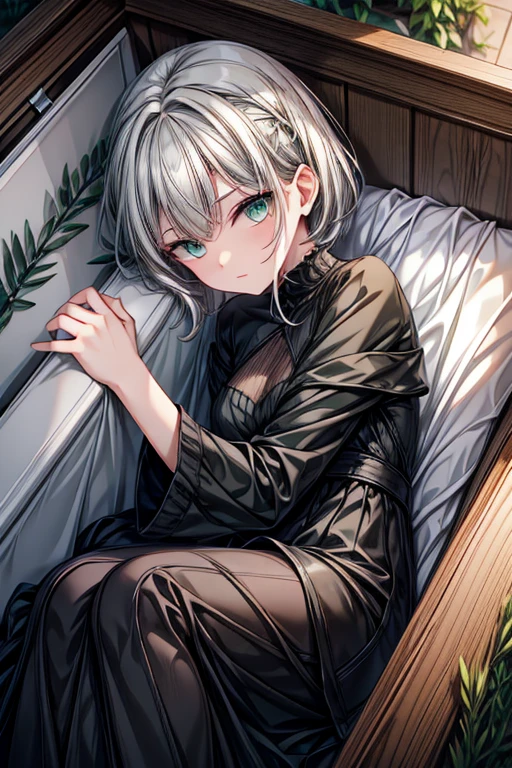 A gray haired young woman with green eyes is laying in a coffin