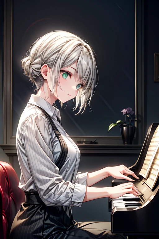 A gray haired young woman with green eyes is playing piano