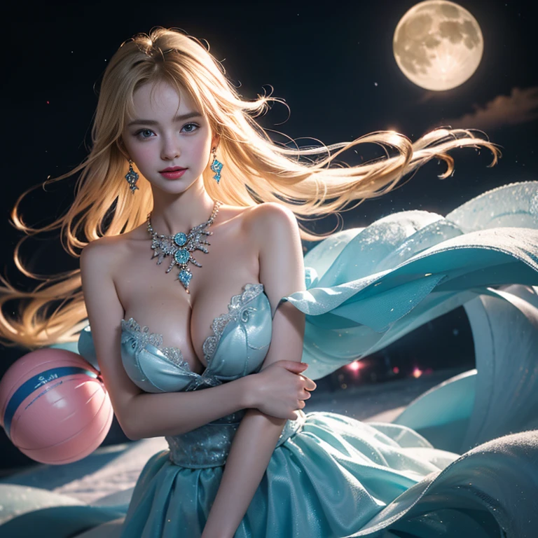 masterpiece,Highest image quality,Super details,best quality ,extremely delicate and beautiful, Very detailed,best quality, official art, Extremely detailed CG unified 8k wallpaper, Ana de Armas portrait photo, Blonde hair with black pupils,shiny skin, (beautiful eyes:1.1), beautiful skin, big watery eyes,(detailed lighting:1.2), (Beautiful and detailed light:1.3), Ice Blue Water Foam Galaxy Starburst Fairy Color Mint Skirt,beautiful breast balls, The most perfect breast ball shape,firm breast balls,Deep cleavage,Naked of breast,complex, digital drawing, Smooth, sharp focus, end of the world, epic reality, (high dynamic range:1.4), (pastel colors:1.4), Revelation,Bright colors, night, screen space refraction, (intricate details, Super detailed:1.3), art station, lens, vignette, complex background, buliding,Beautiful smile,The most beautiful look,Detailed moon background,Dreamcatcher earrings,The best look,Beautiful intricate necklace,