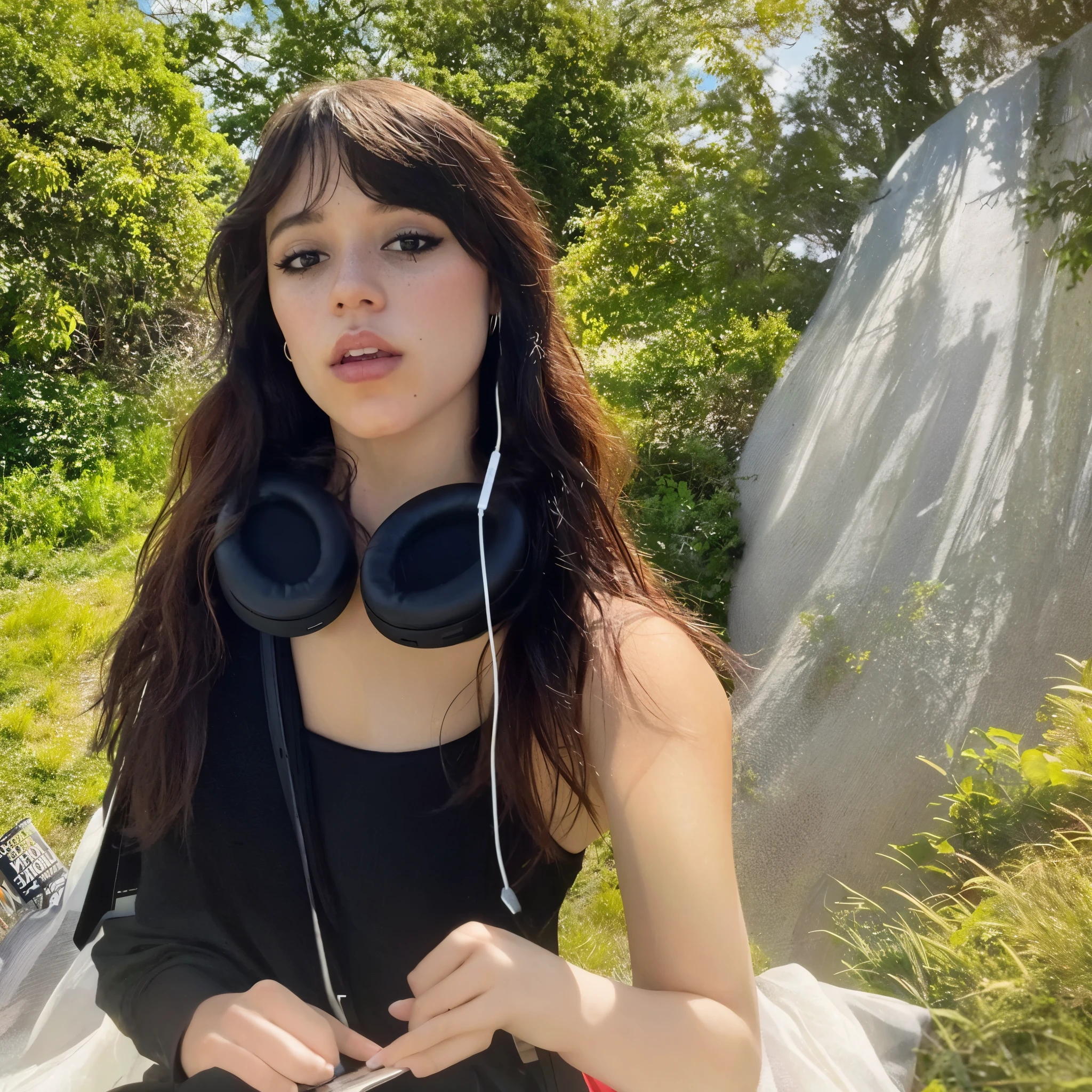 arafed woman com fones de ouvido on standing in a field, she parece uma mistura de sujeira, Kailee Mandel, primeira onda, charli bowater, parece uma mistura de sujeira, parecendo uma mistura de sujeira, she has black hair com franja, Hailee Steinfeld, franja de cortina, com fones de ouvido, com fones de ouvido, com franja ela na roupa da mulher maravilha