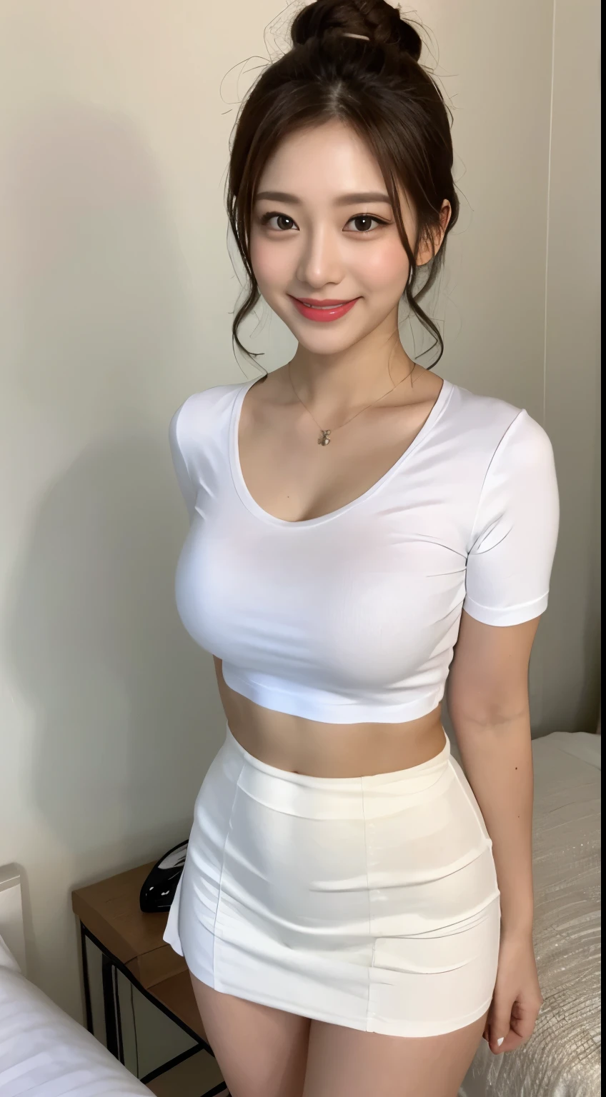 White tight shirt、White tight mini skirt、bed、smile、short sleeve、high resolution、Hallyu Idol Face