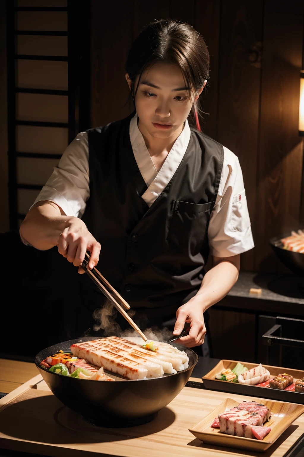 (Hyper-realistic TEppanyaki photo: 1.5)
(Japanese cuisine: 1.0)
(Professional Michelin Star gourmet food photography: 1.3)
(Depth of field –q 2: 0.8)
(Uplight: 0.7)
(Aspect ratio 16:9: 1.0)
A hyper-realistic Teppanyaki image, capturing the essence of Japanese cuisine with a professional Michelin Star gourmet food photography touch. The depth of field is set to q2, allowing the Teppanyaki dish at the foreground to be in