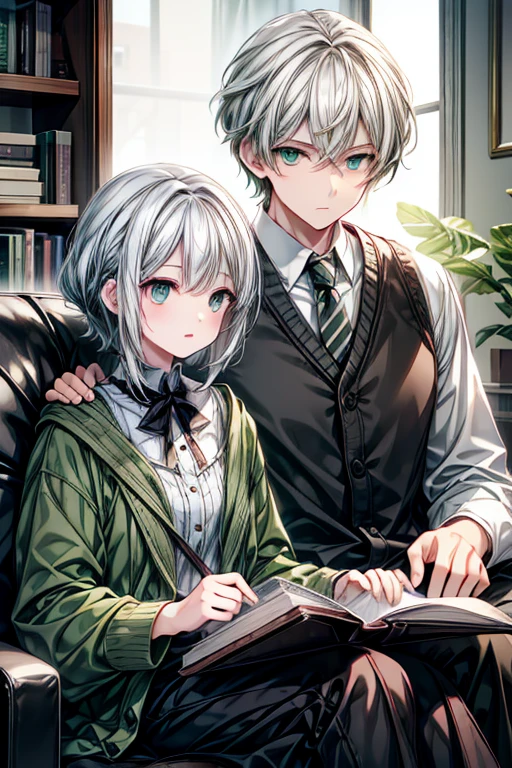 A gray haired young woman with green eyes is reading to a  white haired boy with green eyes