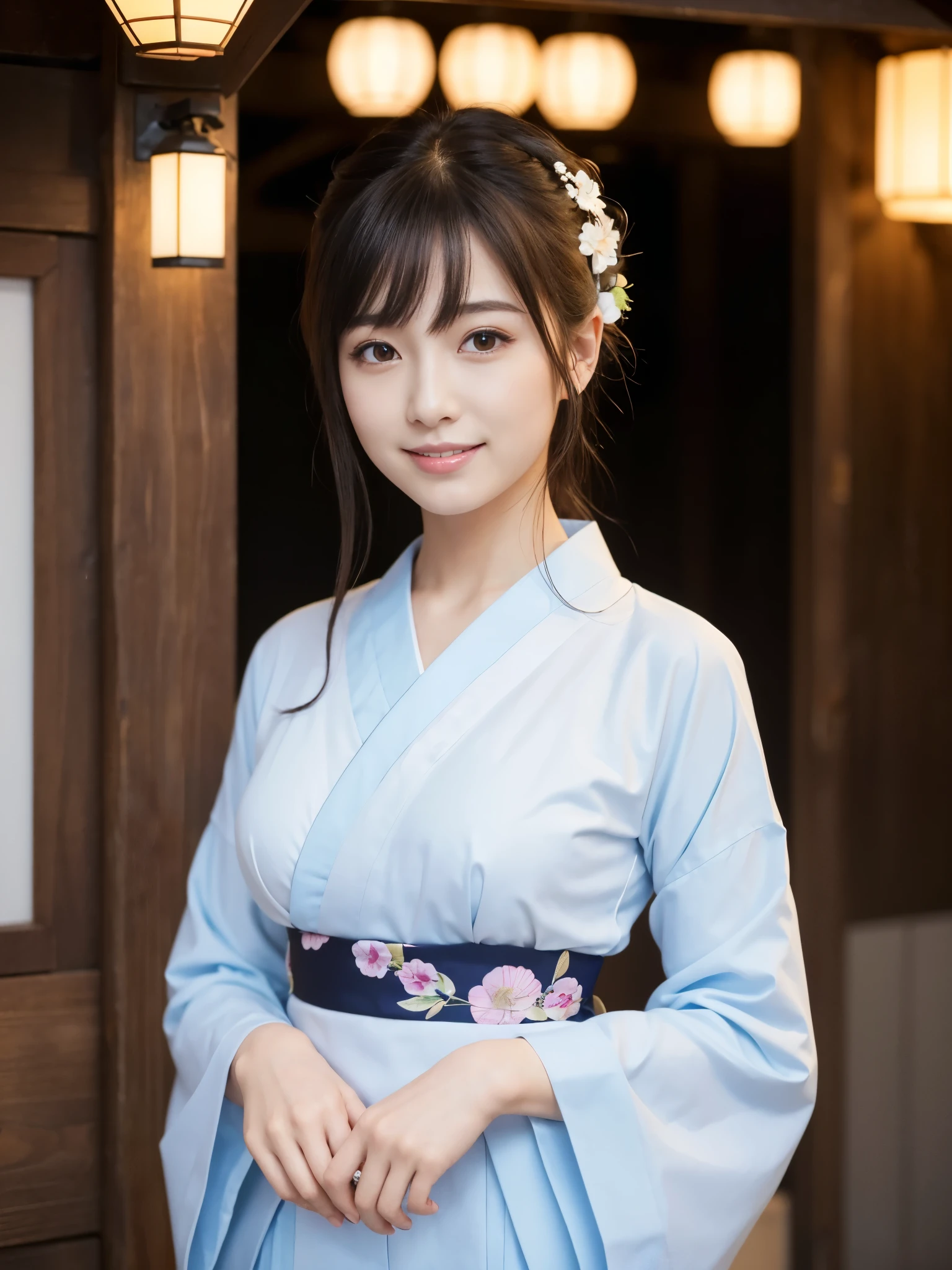 Beautiful woman in neat Japanese clothes、((best qualtiy、8k masterpieces:1.3))、foco nítido:1.2、(ultra beautiful faces:1.0)、(shinny skin:1.0)、photos realistic、A dark-haired、Video Lighting、High-definition eyes and face、Video Lighting、Japan Idol Actress、from the front side、medium breasts、Smile、Slender Abs Beauty、Whole body、In furisode