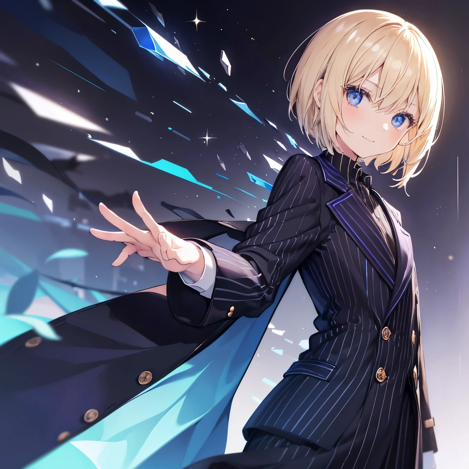elementary school slender girl((flat )), blonde hair (( straight short hair )), Wearing a blue colored sweater(( black vertical stripes)), long chesterfield coat((purple)), and black long pants, bright smile (( the corners of her mouth rise)), round crystal blue eyes, a gentle wind blowing at a field , pose of looking back, stretch her arms forward 