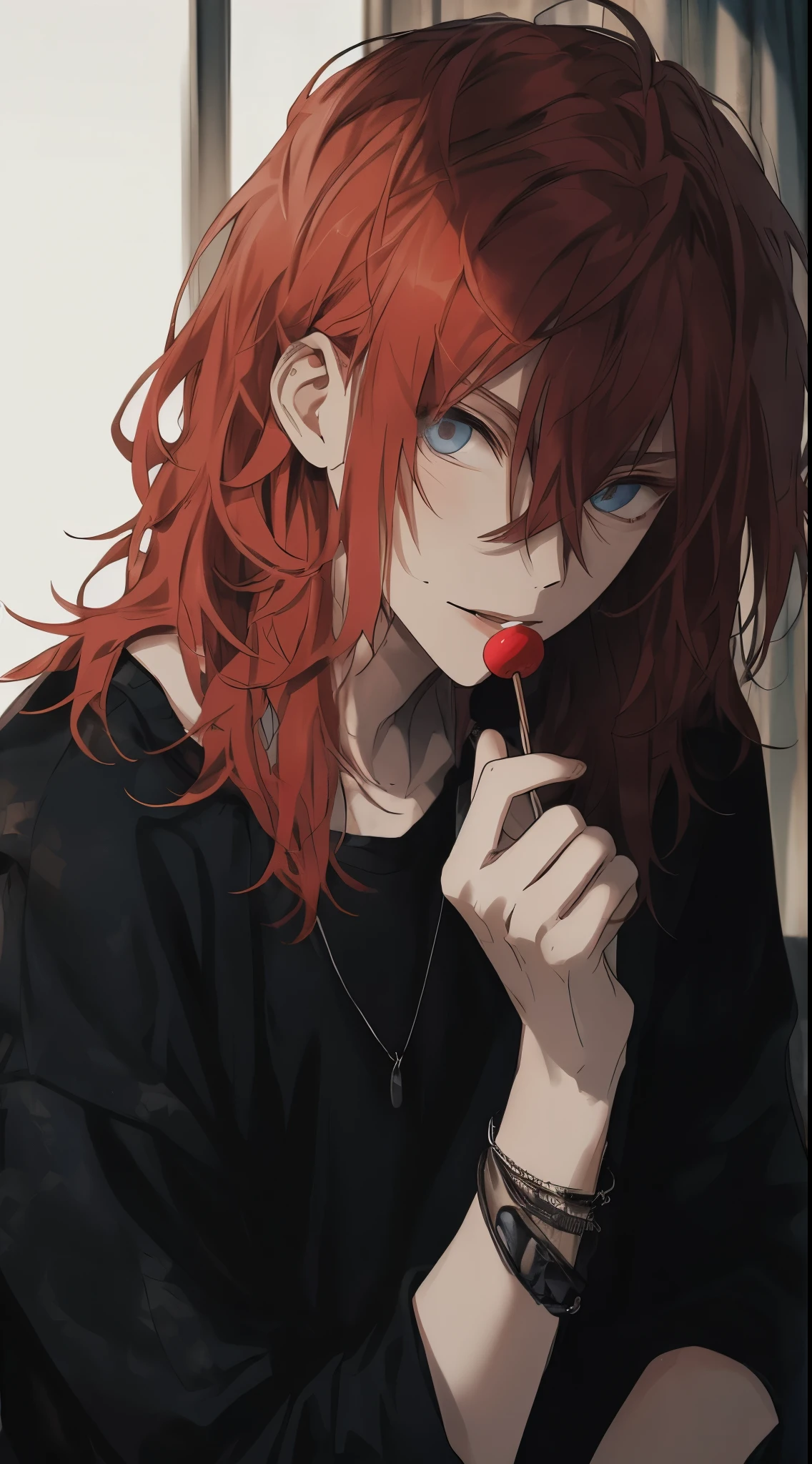 gray eyes,  Beautiful young man, red hair, shoulder length hair, slit eyes, blue lollipop, black casual clothes, monotone room,high quality, amount of drawing, pixiv illustration