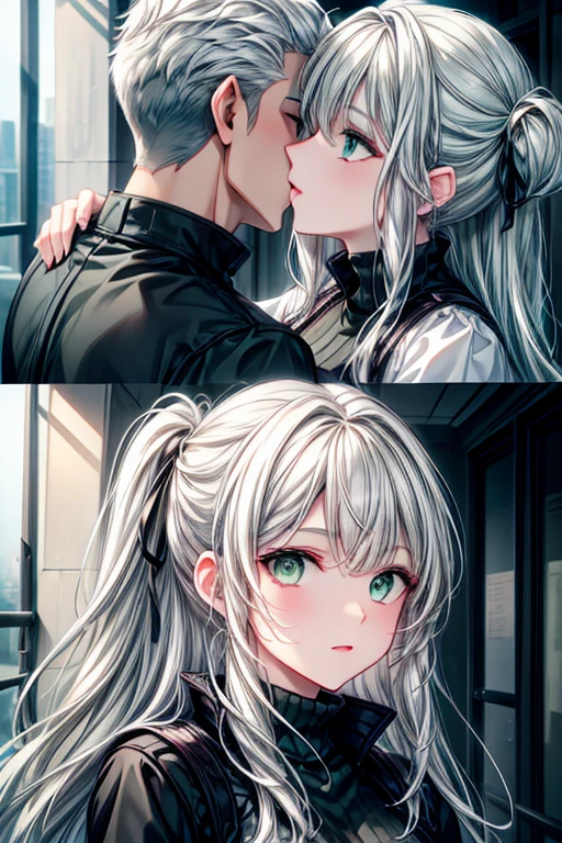 A gray haired young woman with green eyes is kissing a white haired man
