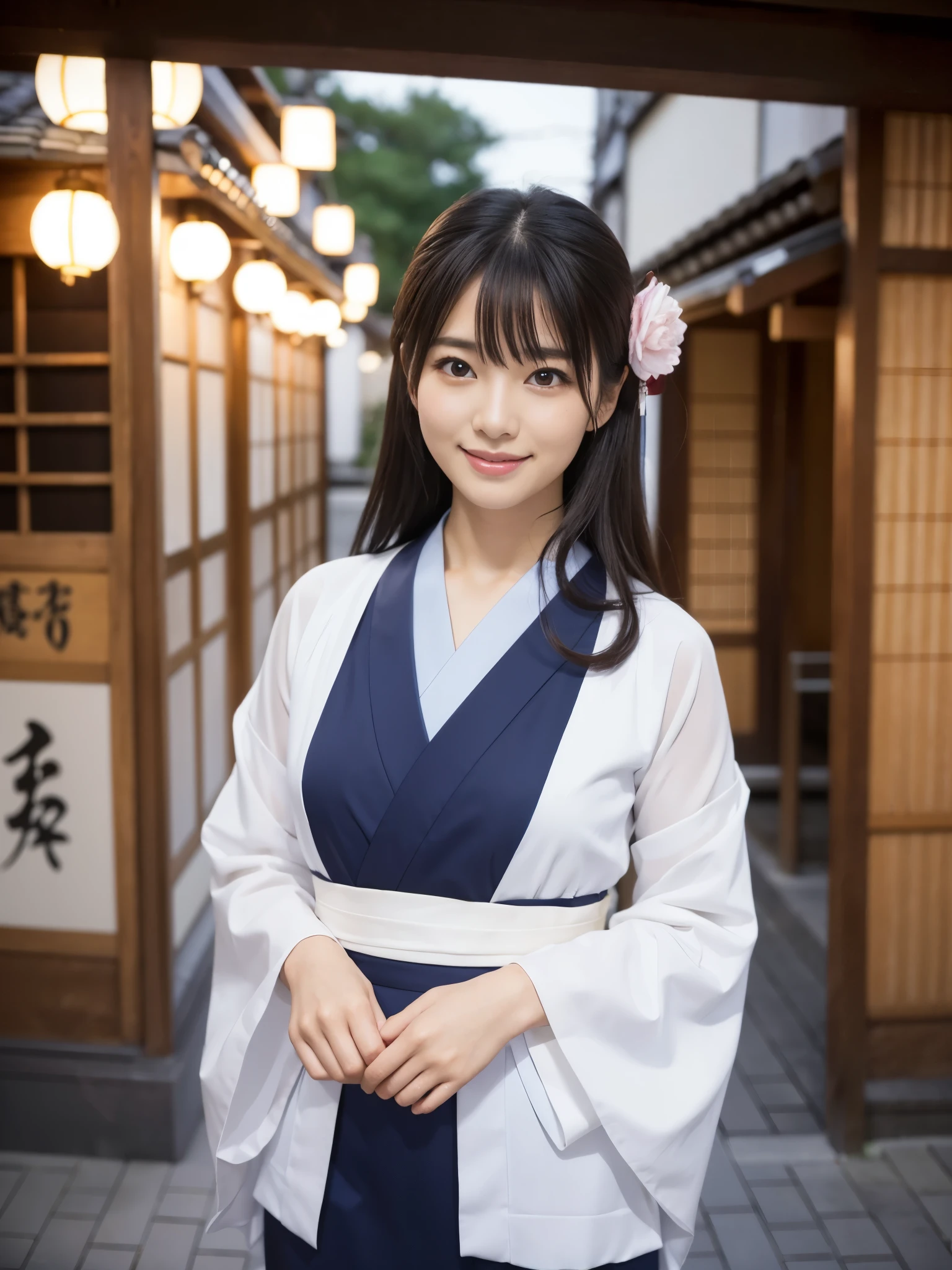 Beautiful woman in neat Japanese clothes、((best qualtiy、8k masterpieces:1.3))、foco nítido:1.2、(ultra beautiful faces:1.0)、(shinny skin:1.0)、photos realistic、A dark-haired、Video Lighting、High-definition eyes and face、Video Lighting、Japan Idol Actress、from the front side、medium breasts、Smile、Slender Abs Beauty、Whole body、In furisode