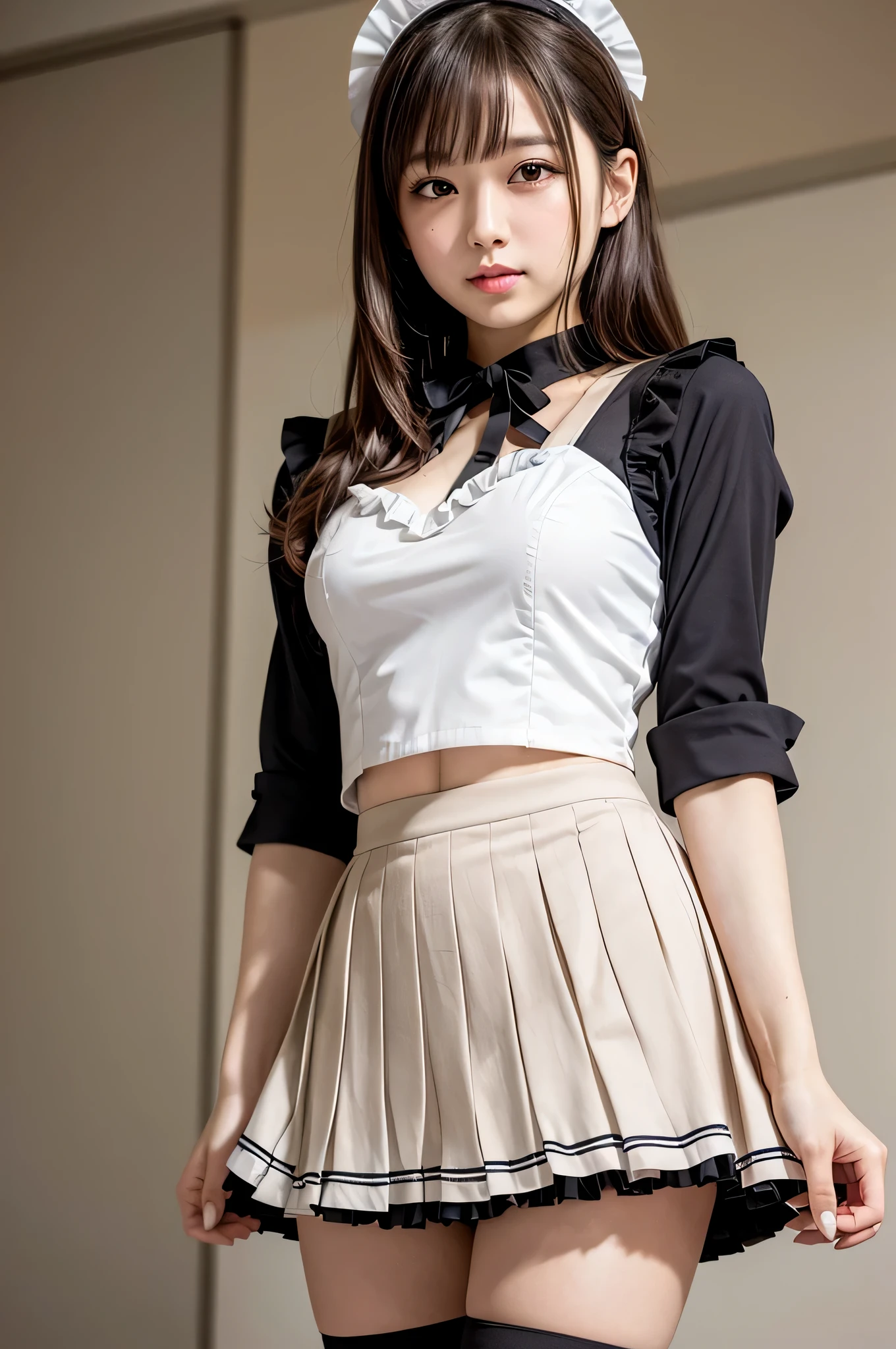 (1young girl), Brown hair, Amazing face and eyes, Pink eyes, enchanting smile, (Maid cafe costume with frills, Pleated mini-skirt:1.5), (Maid cafe costume with wide open:1.2), bared chest, (amazingly beautiful girl), Brown hair, stylish hair ornament, (Best Quality:1.4), (Ultra-detailed), (extremely detailed CG unified 8k wallpaper), Highly detailed, High-definition raw color photos, Professional Photography, depth of fields, (panties:1.2), (View from below:1.2),