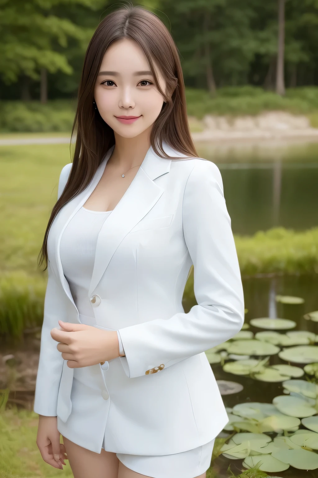 smiling girl，While wearing a white Business suits，white tight skirt，Stand by the pond，Side view，high hips，detailed face，eyes are delicate，Photo quality is the best，realistic image quality，Background diffuse lighting，Depth of field display。