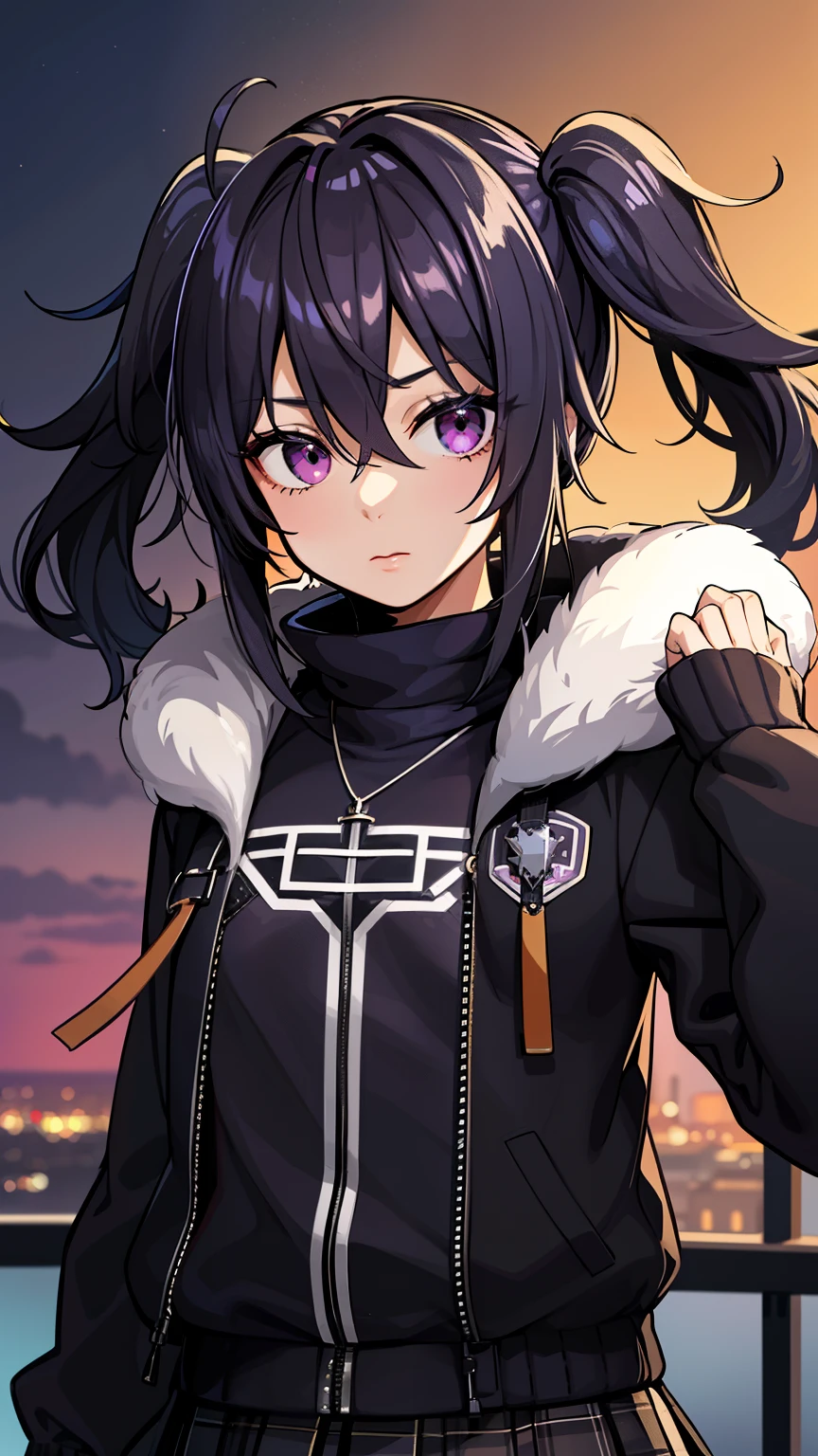 (high-quality, breathtaking),(expressive eyes, perfect face) 1male, male , solo, ager, short hair length, wavy curly hair, messy hair, white and black hair color, multicolored hair, deep purple eye color, music, mature, haunting twilight background, slightly narrow eyes, hooded jacket, dark purple blue shirt, skirt , modern attire,  spy x family art style, masculine face, silver star necklace, detailed eyes, cute pigtails, flat chested
