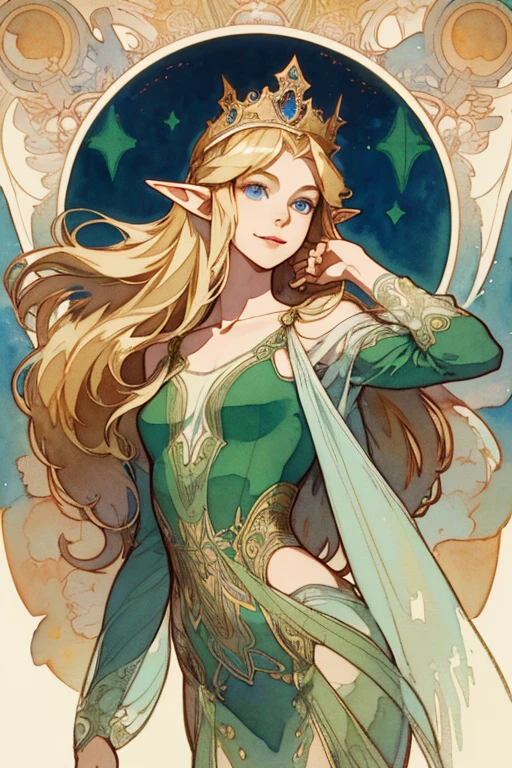 ((Vintage)), (Best Picture), (Watercolor), ((Matte)), (by Mucha), (Thick Outline), Flowing Lines, (High Resolution, Super Detail), Elf, 1 girl, 14 years old, Skinny,Shin,(Flat breasts), Straight Long Hair, Beautiful golden hair, Blue eyes, Parted bangs, Hair swaying in the wind, Simple tiara, White skin, Front and upper body, Standing, Green queen dress, collarbone, geometric pattern, (flower), front, hand down, soft air, gentle smile, wind magic, symmetry