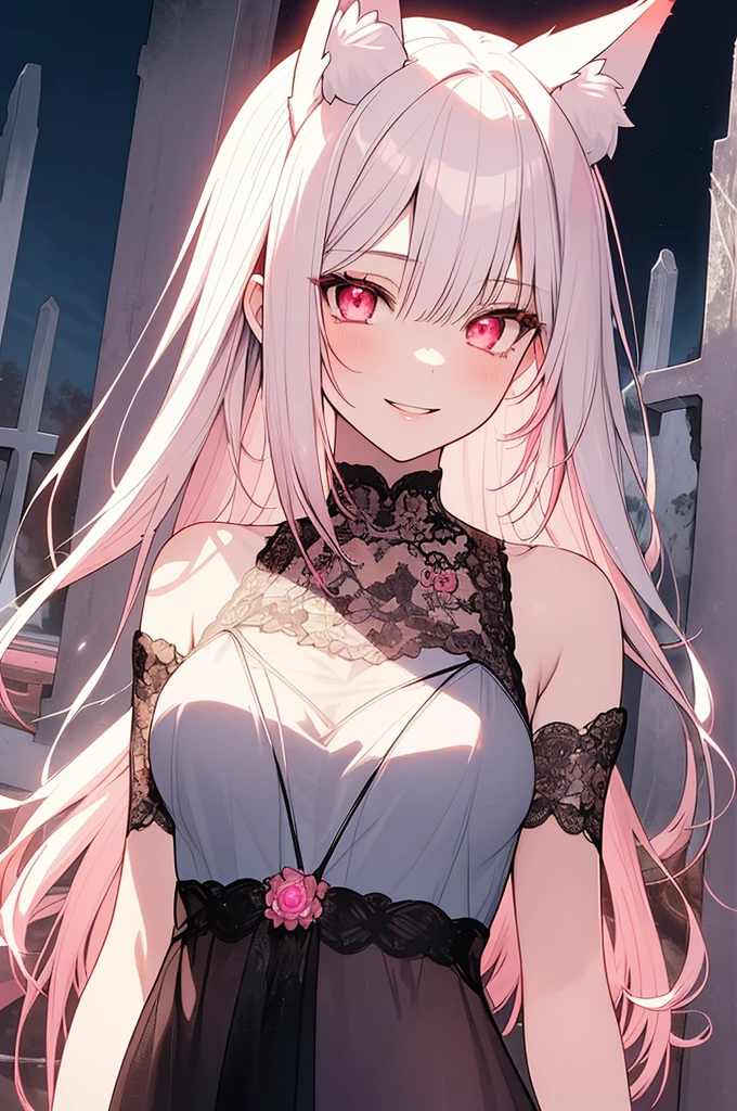 Screancap Hunter X Hunter feminina.
body hair: offwhite, long with pink highlights. skin tone: clearing. badass clothing: Long and elegant dress. Facial expression: a calm smile.