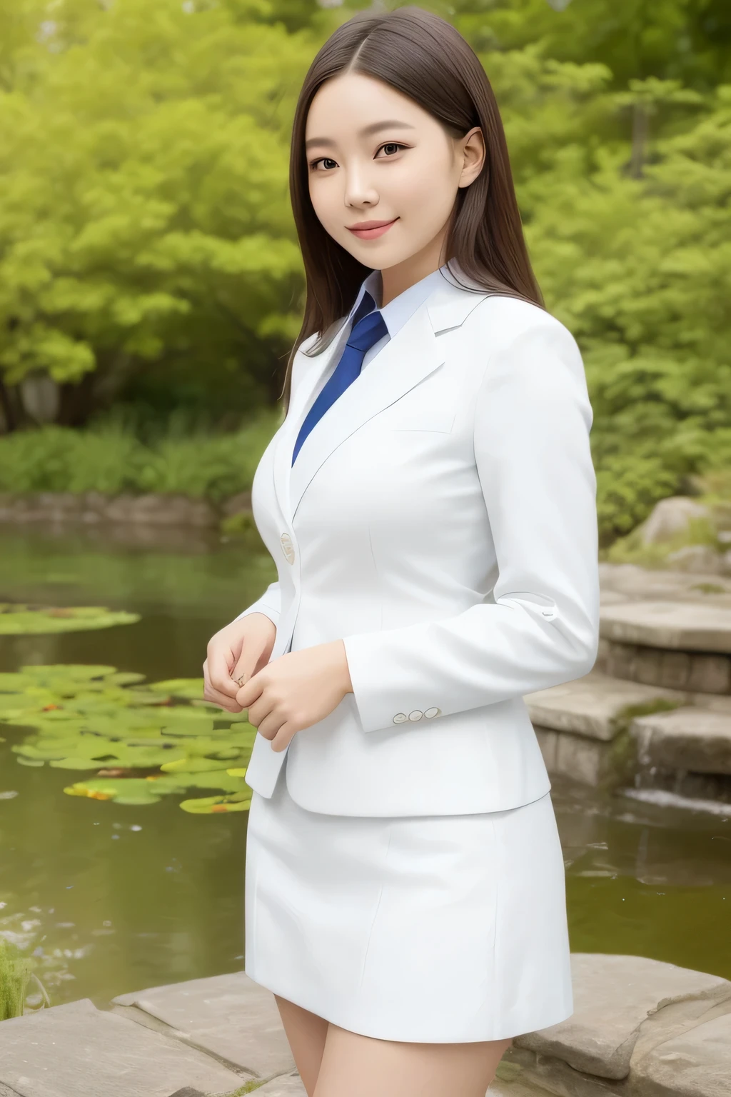 smiling girl,While wearing a white Business suits,white tight skirt,Stand by the pond,Side view,high hips,detailed face,eyes are delicate,Photo quality is the best,realistic image quality,Background diffuse lighting,Depth of field display。
