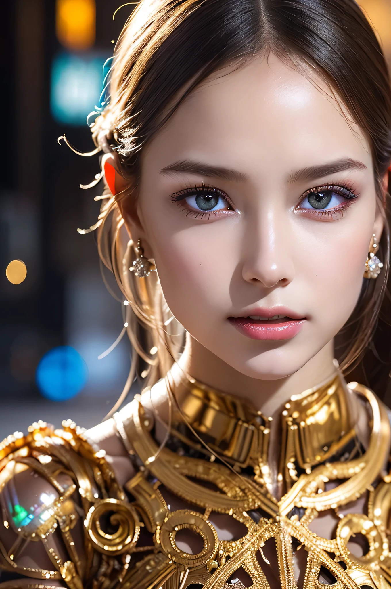 (1girl), (human face, human skin:1.3), Highly Detailed Beautiful girl, (extremely detailed beautiful face), Amazing face and eyes, (Highest Quality: 1.4), (Super Detailed), (Very Delicate and Beautiful), golden body, Biomechanical Cyborg, Beautiful Natural Shapes, Arteries, Veins , lace, colorful details, diamond earrings, very delicate embroidery, intricate details, surreal, Super detailed, cyborg girl, realistic, (Special skin that allows the inside of the body to be seen through, translucent skin, Precise golden body, hollow body interior, half-human translucent human body, skin made of extremely complex layers of metal fibers, extremely complex body made up of countless IC chips structure: 1.6), iridescent, futuristic, super complex, super beautiful, highly detailed CG unified 8K wallpaper, high resolution raw color photo, professional photo, flesh and blood, (cyber punk, Spiral structure, future urban cyberspace, iridescent illumination, dazzling light:1.35), sf, A scene from an impossible movie