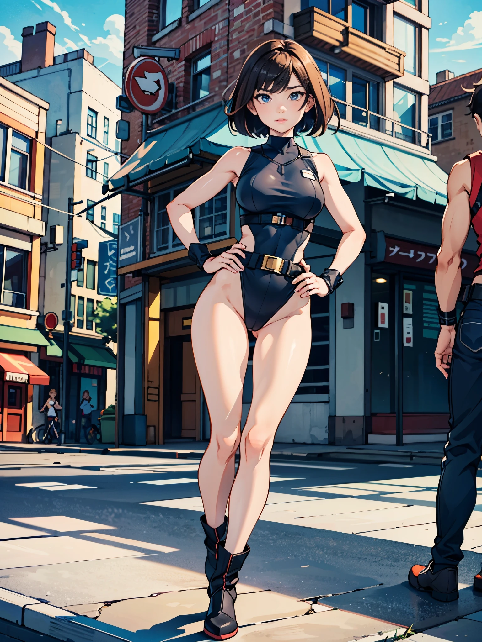 1girl, superhero, leotard, highleg leotard, bare legs, boots, standing, solo focus, tight belt, hands on hip, full body shot, mature lady, city backdrop, sleeveless, ultra highres, absurdres, beautiful face, detailed eyes, symmetric eyes, ((only five fingers)), perfect body, good proportions