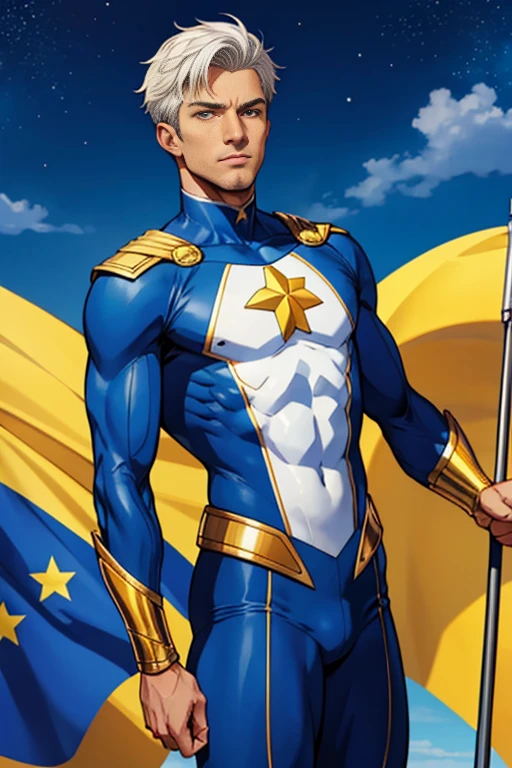 European man europe superhero suit europe clothing blue and stars clothes Flag of europe short white hair brown skin yellow eyes