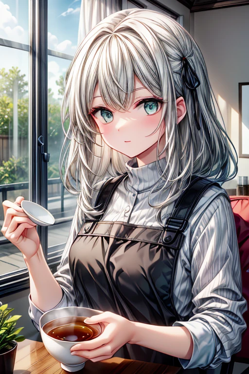 A gray haired young woman with green eyes is making tea
