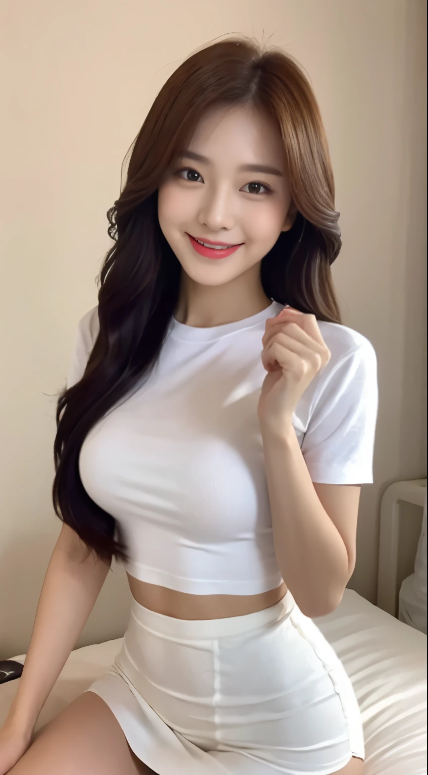 White tight shirt、White tight mini skirt、bed、smile、short sleeve、high resolution、Hallyu Idol Face