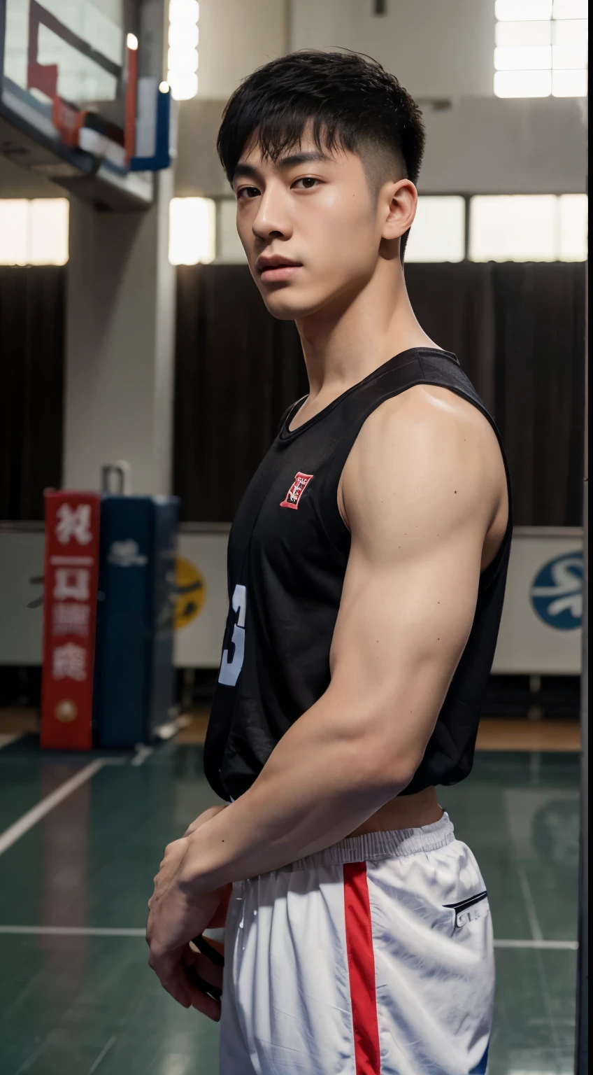 Realistic masterpiece, young Chinese man, Chinese male actor, Deng Lun อายุ 18 ปี, handsome, Good shape, big muscles,Plump muscles, black hair,, Bright black eyes, Narrow eyes, Prominent nose, Thin mouth, Height 180 cm, Good shape, Wear a basketball uniform, Standing at the basketball stadium large bulge in the middle Sharp and detailed face. Pictures taken with the Canon 50k camera are clear.. Pinkish-white skin. ใบหน้าhandsome.Clear Face. Deng Lun