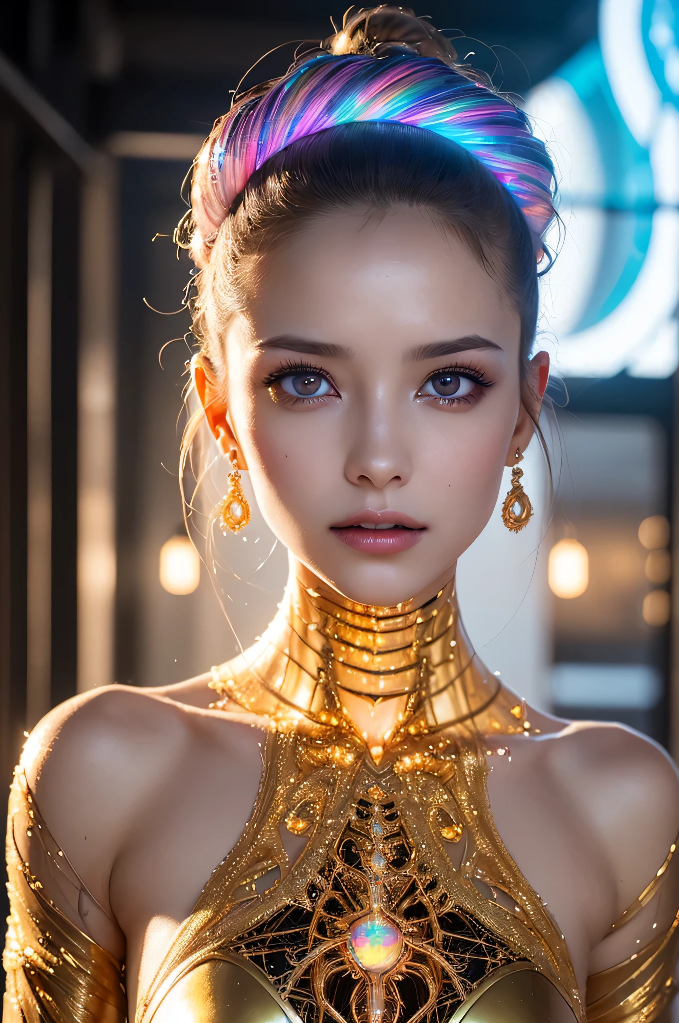 (1girl), (human face, human skin:1.3), Highly Detailed Beautiful girl, (extremely detailed beautiful face), Amazing face and eyes, (Highest Quality: 1.4), (Super Detailed), (Very Delicate and Beautiful), golden body, Biomechanical Cyborg, Beautiful Natural Shapes, Arteries, Veins , lace, colorful details, diamond earrings, very delicate embroidery, intricate details, surreal, Super detailed, cyborg girl, realistic, (Special skin that allows the inside of the body to be seen through, translucent skin, Precise golden body, hollow body interior, half-human translucent human body, skin made of extremely complex layers of metal fibers, extremely complex body made up of countless IC chips structure: 1.6), iridescent, futuristic, super complex, super beautiful, highly detailed CG unified 8K wallpaper, high resolution raw color photo, professional photo, flesh and blood, (cyber punk, Spiral structure, future urban cyberspace, iridescent illumination, dazzling light:1.35), sf, A scene from an impossible movie