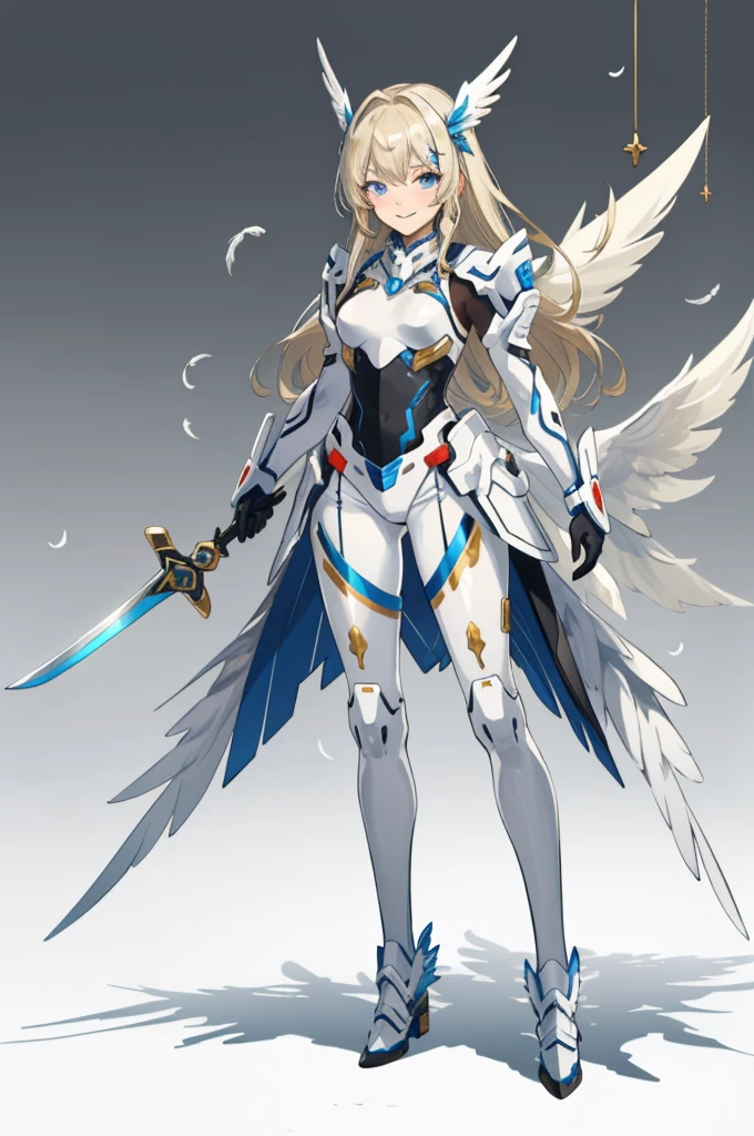 (((full body photo))) (​master piece, Best Quality),  Intricate details, valkyrie, kawaii, Happy, (((Laugh))), smirk, Hand up, Looking at Viewer, Feather Headgear, Flower meadow, 
1 girl in, Solo, Portrait, Tentacle Plutinum Blonde Hair, droopy steelblue eyes, Silver Single Thigh, White Independent Single Sleeve, gloves, Single braid, 
 mecha musume, White bodysuit, Silver Reinforced Suit, Mini Feather Wing, silver pantyhose, full armor, flower decoration, equip sword,