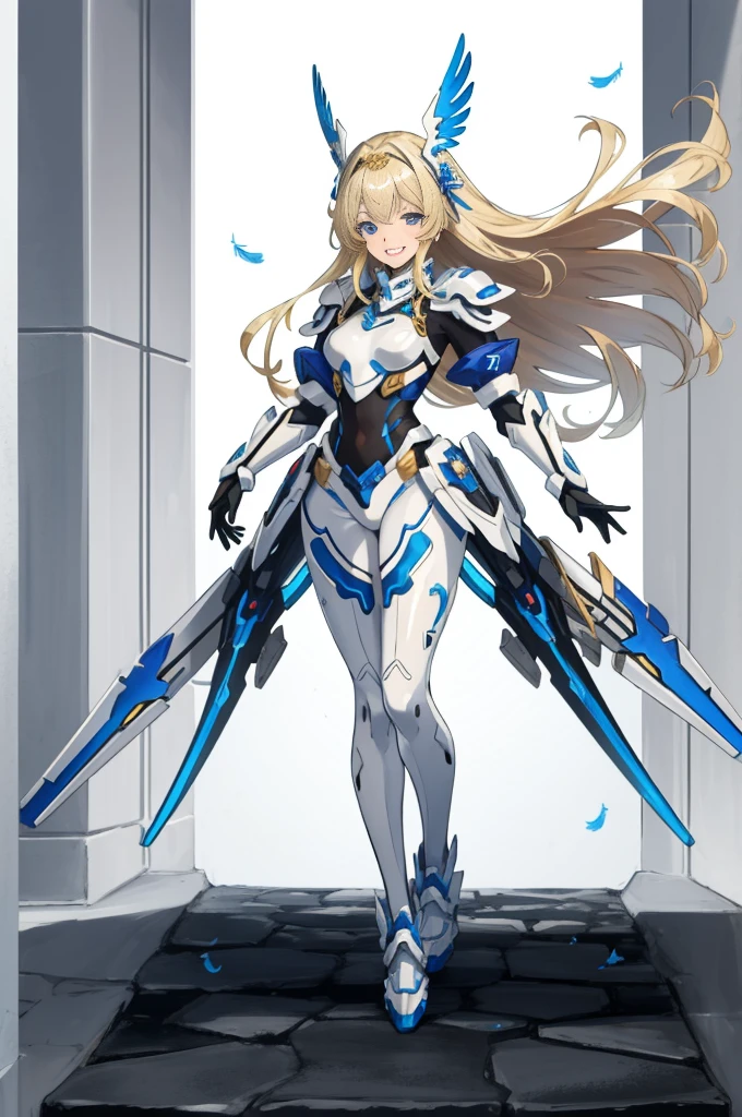 (((full body photo))) (​master piece, Best Quality),  Intricate details, valkyrie, kawaii, Happy, (((Laugh))), smirk, Hand up, Looking at Viewer, Feather Headgear, Flower meadow, 
1 girl in, Solo, Portrait, Tentacle Plutinum Blonde Hair, droopy steelblue eyes, Silver Single Thigh, White Independent Single Sleeve, gloves, Single braid, 
 mecha musume, White bodysuit, Silver Reinforced Suit, Mini Feather Wing, silver pantyhose, full armor, flower decoration, equip sword,