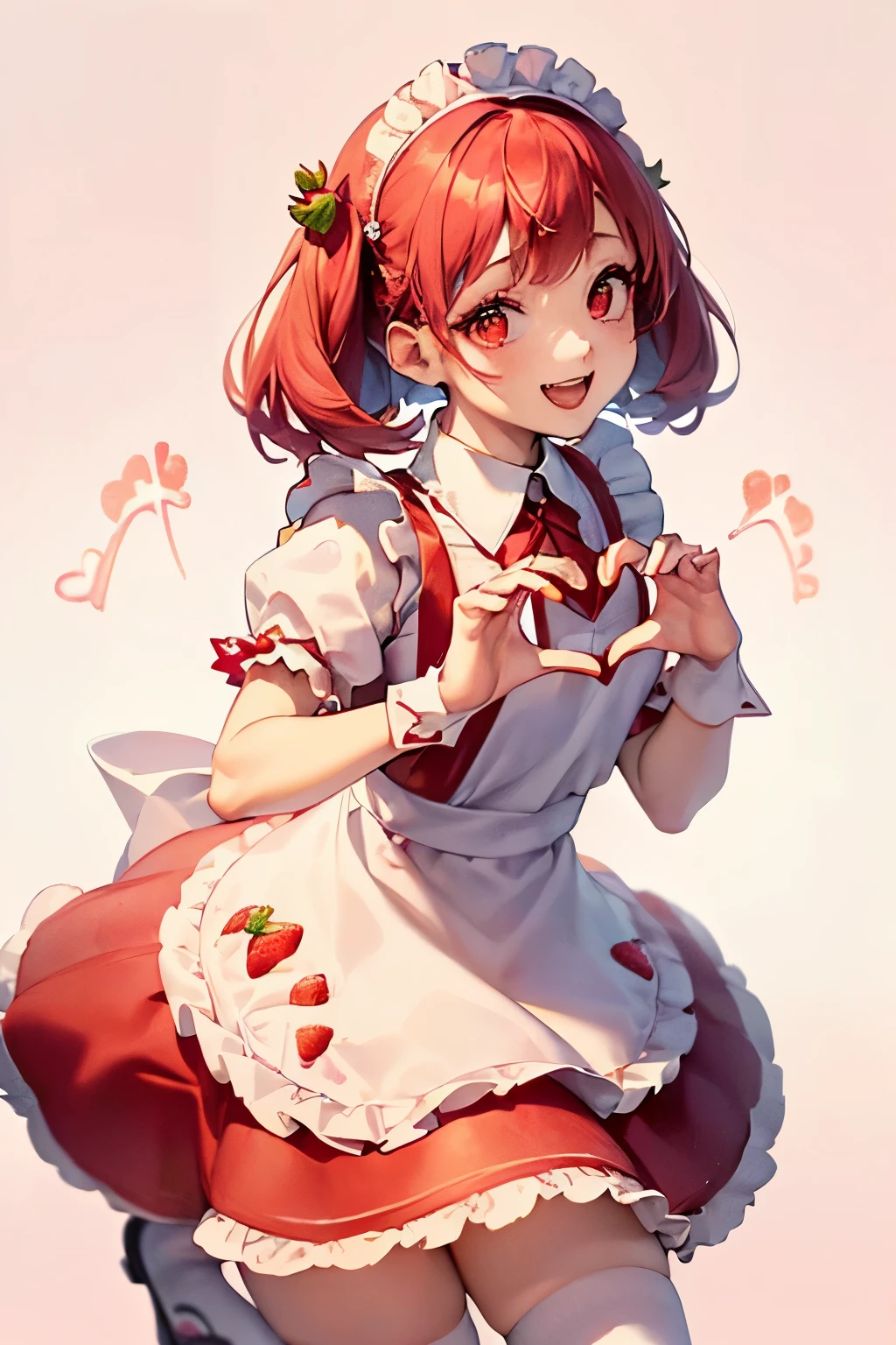 (Maid costume with strawberry motif:1.3),(strawberry ornament:1.4),(A lot of strawberries in the background:1.25),(White High Socks:1.35),(Overall pastel red coloration:1.35),(smile:1.2),(Making a heart shape with your hands:1.3),(Eye size:1.5),(high resolution:1.5),(Vibrant color:1.4),(Goth  style:1.35),(Front perspective:1.2),