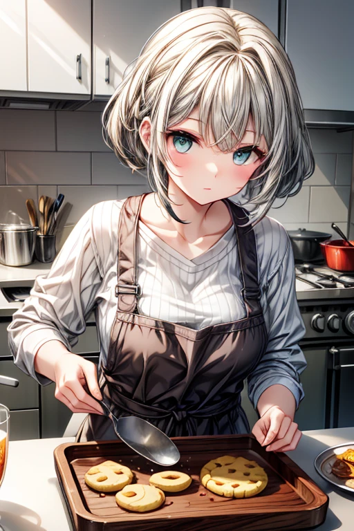 A gray haired young woman with green eyes is baking cookies