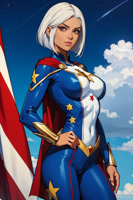 European Woman europe superhero suit europe clothing blue and stars clothes Flag of europe long bob white hair brown skin red eyes