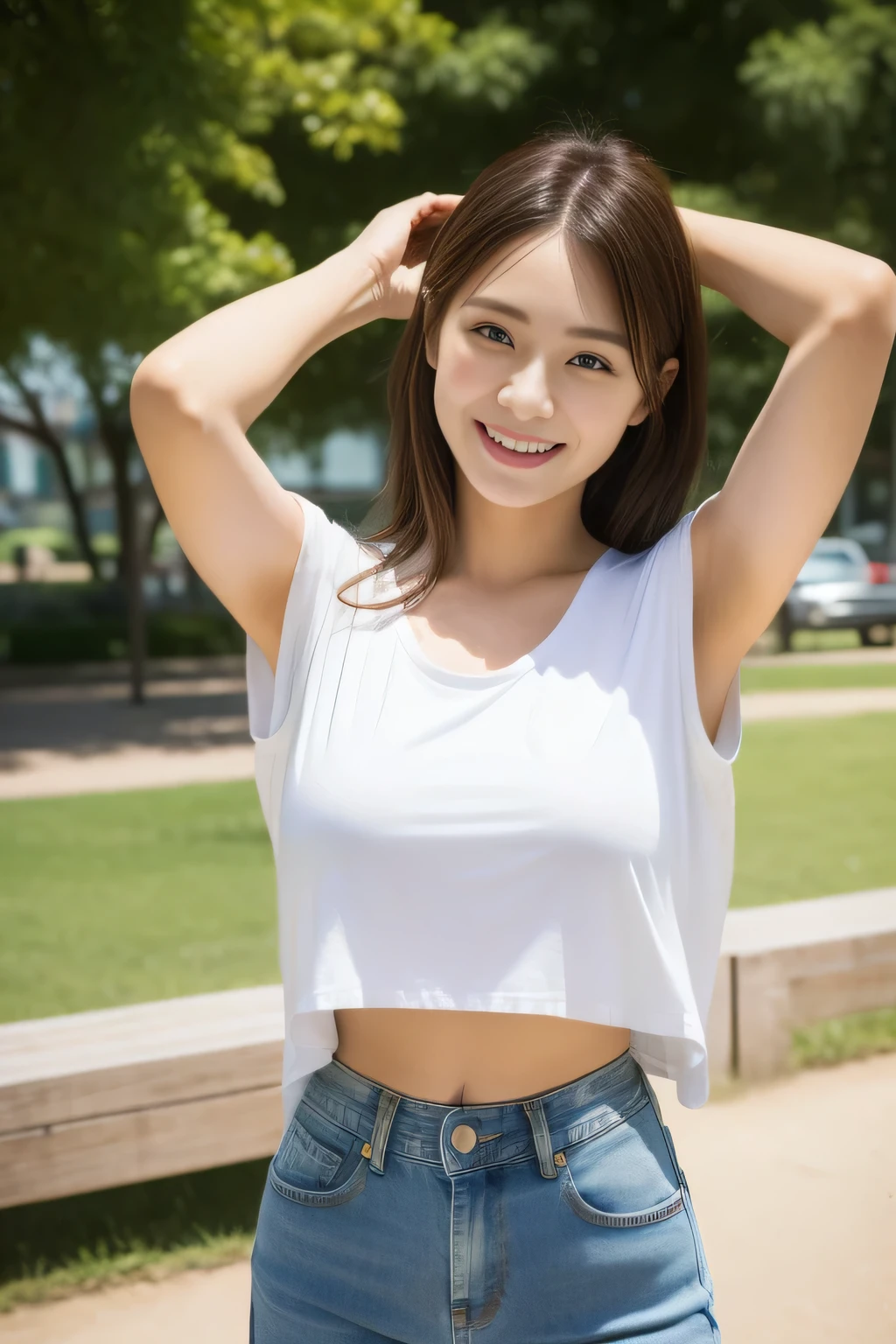 ((masterpiece)), ((high quality)), ((genuine)), ((8K)) ((1 beutiful girl)) ,((White t-shirt and tight denim pants)), Japanese, 30 years old, Two Beauties, thin, sony slr photograph, looking at camera, cute, swimsuit, nature, genuine, take a pose, 超high quality, photograph, Good friend, big beauty, small beauty, parasol, String pan, thong bra, just the two of us, , mole under eye, Moles around the mouth ((big breasts)) ,cowboy shot,((smile)) ((half up hair)) ((bronze hair)), cowboy shot,(at the park),((armpit))