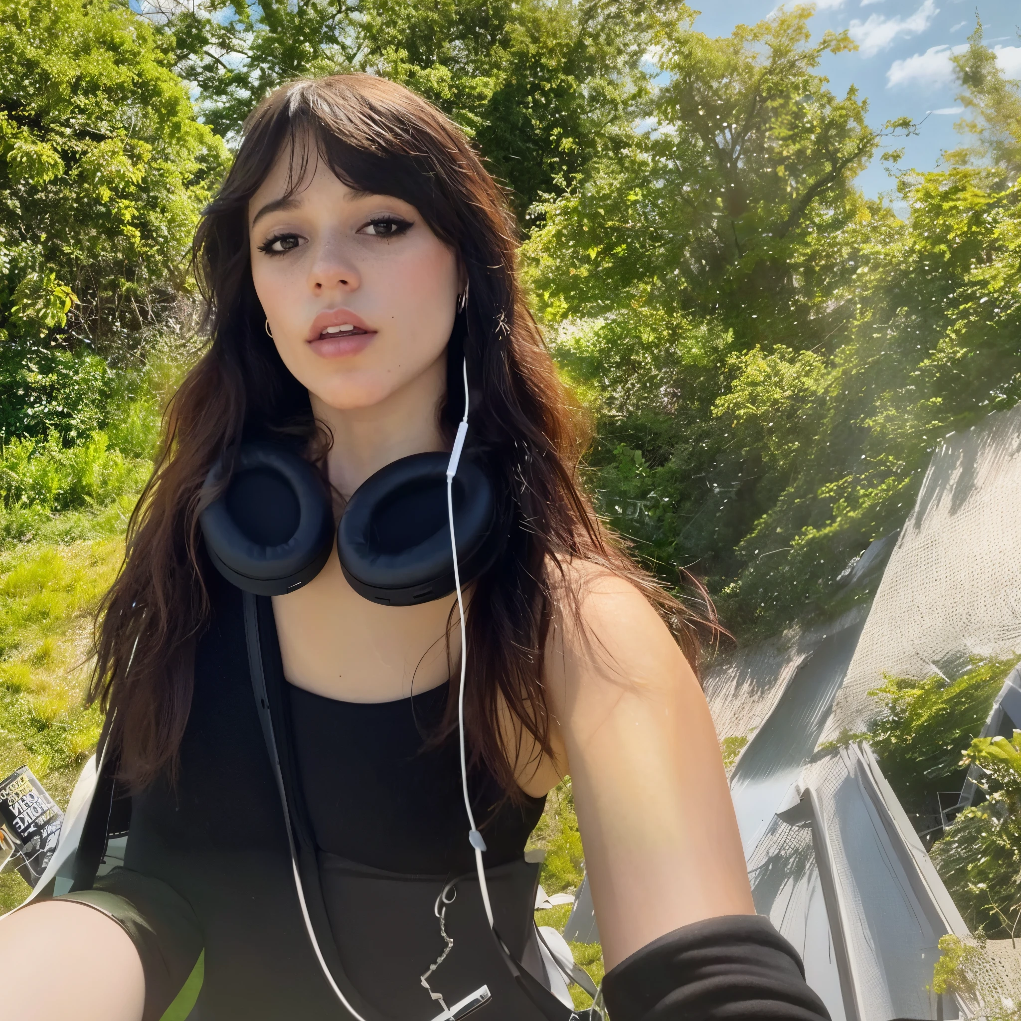 Pixar 3d arafed woman com fones de ouvido on standing in a field, she parece uma mistura de sujeira, Kailee Mandel, primeira onda, charli bowater, parece uma mistura de sujeira, parecendo uma mistura de sujeira, she has black hair com franja, Hailee Steinfeld, franja de cortina, com fones de ouvido, com fones de ouvido, com franja Pixar 3d