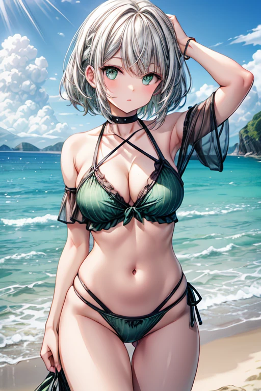 A gray haired young woman with green eyes is posing on the beach in a cute swimsuit