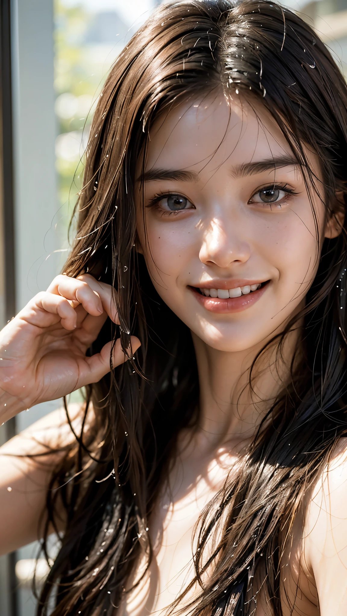 highest quality, masterpiece, ultra high resolution, (realistic:1.5), (close portrait) Raw photo, 1 girl, 22 years old,Face super close-up,face reflected in the mirror,Super close-up photo,((my face is wet too)),((just out of the bath)),(Hide your with your hands),((wet hair)),Fine, clean skin,transparent skin,(smile),((smiling showing teeth))masterpiece, realistic pictures, japanese pictures, saturation, contrast, long hair,
