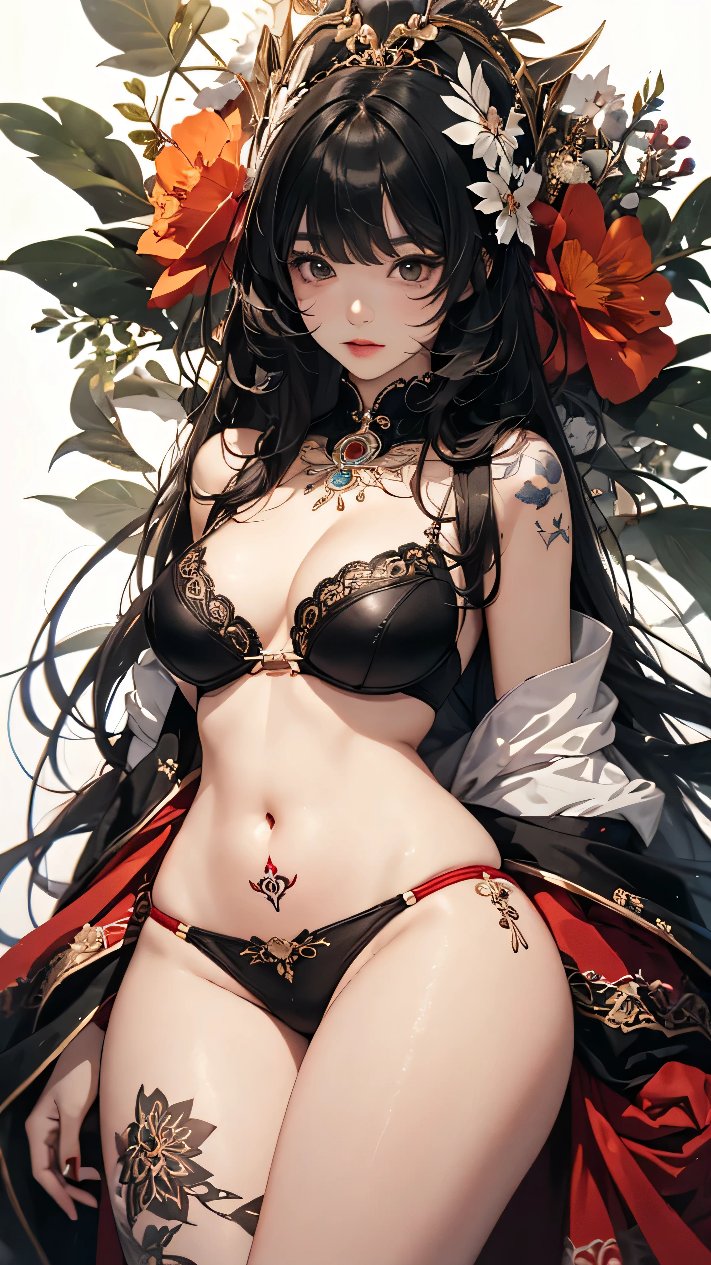 ((Highly detailed CG unit 8k wallpaper, masterpiece, High resolution, highest quality, highest qualityのリアルテクスチャスキン)), ((very beautiful woman, Nana Komatsu, Posing like a model:1.5, plump lips, kimono, I have tattoos all over my body)), (dirty black hair, white skin, small breasts), ((white background, mandala)), Sumi-e, surreal, digital painting, concept art,