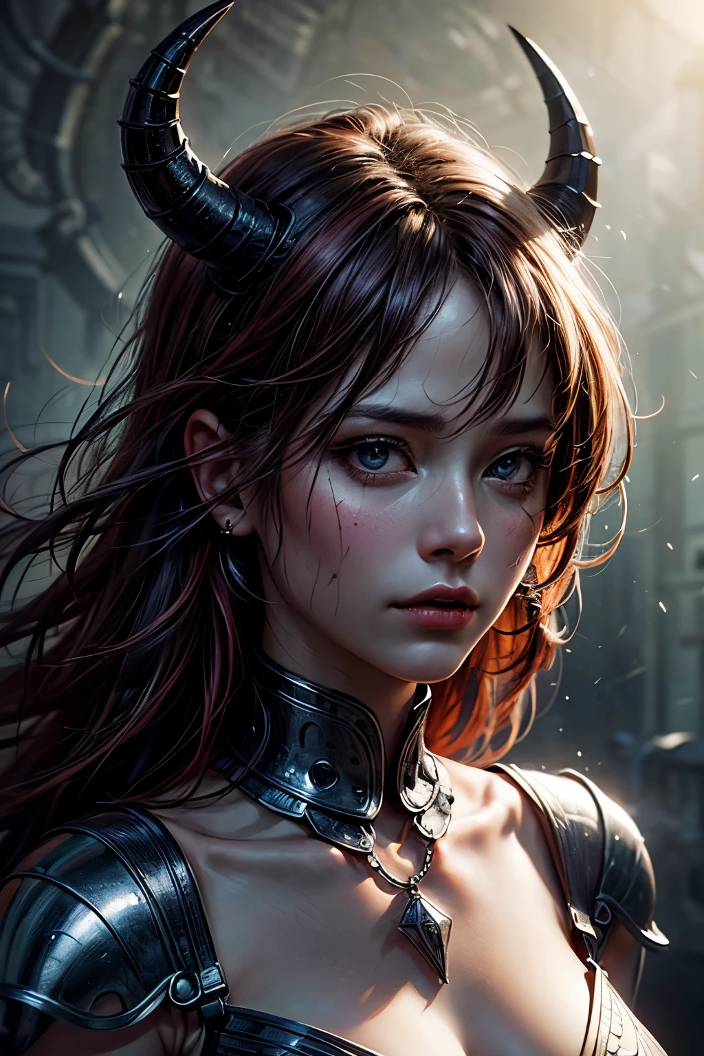 (best quality, ultra-detailed, realistic:1.37), dark fantasy portrait, surreal atmosphere, vibrant colors, ethereal lighting, mystical horns and scratched face, captivating gaze, delicate facial features, alluring expression, mesmerizing red hair flowing, evoking sensuality and mystery, powerful symbolism, intense emotions, thought-provoking narrative, expressive brushwork, evocative shadows, immersive textures, mesmerizing composition, transcending reality, enchanting masterpiece.